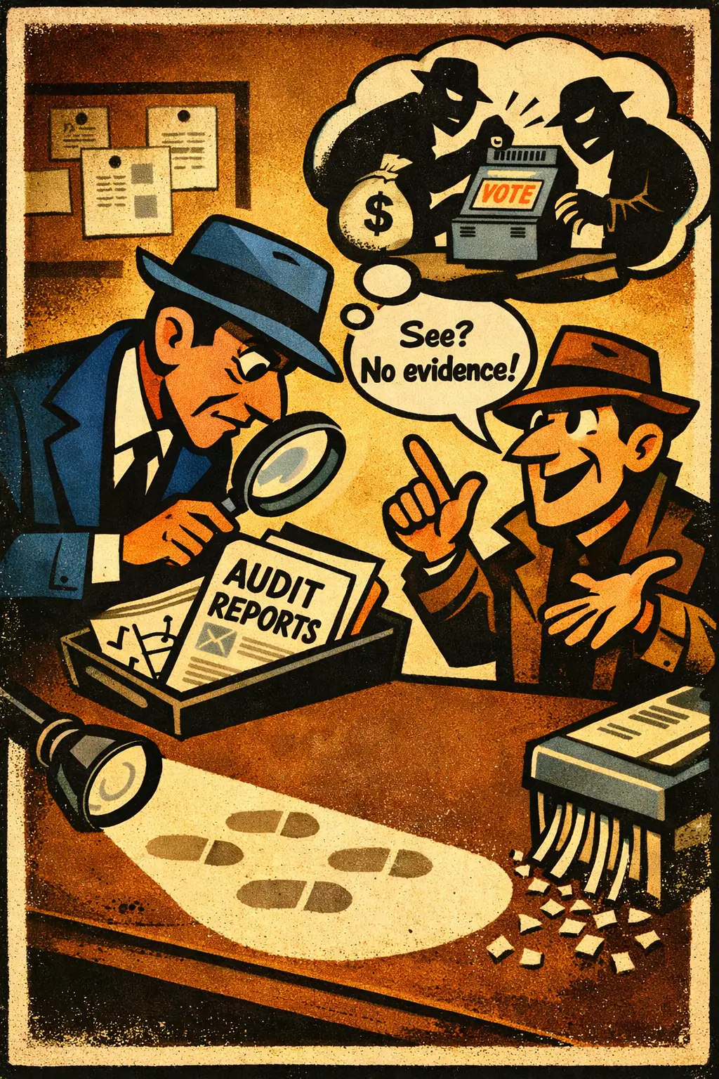 Absence of evidence fallacy companion poster in a retro mid-century editorial cartoon style, illustrating occurs when someone treats a failure to find expected evidence as if it counted for nothing against the claim, even in a context where the claim should leave detectable traces.