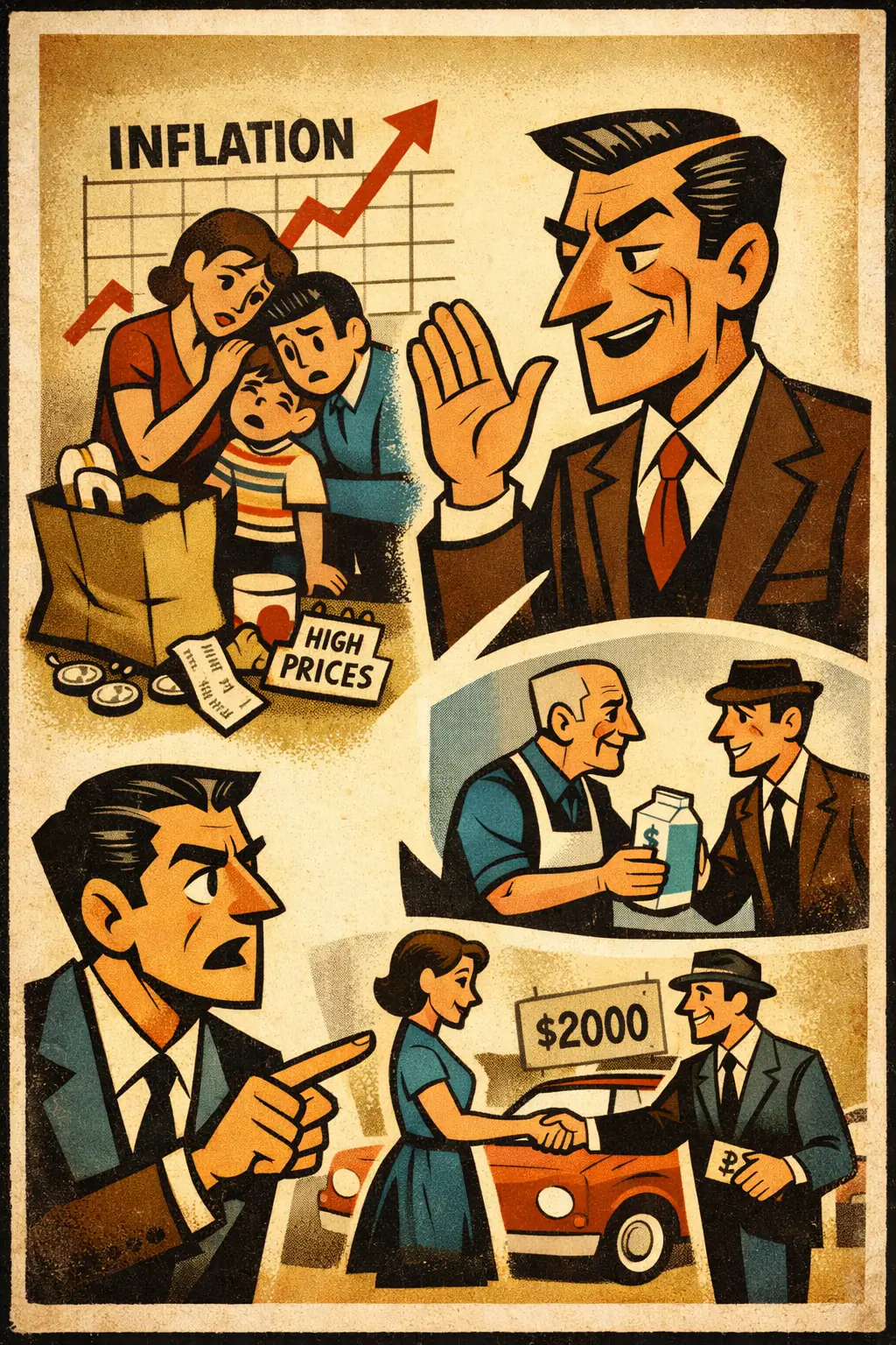 Abstraction denial companion poster in a retro mid-century editorial cartoon style, illustrating occurs when someone denies the reality or causal relevance of a higher-level pattern just because the pattern is realized through lower-level parts.