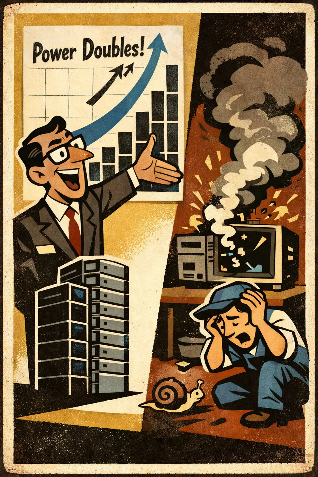 Abstraction fallacy companion poster in a retro mid-century editorial cartoon style, illustrating occurs when a model, law, or abstraction drawn from experience is treated as if it were a logically necessary rule that reality cannot ever depart from.