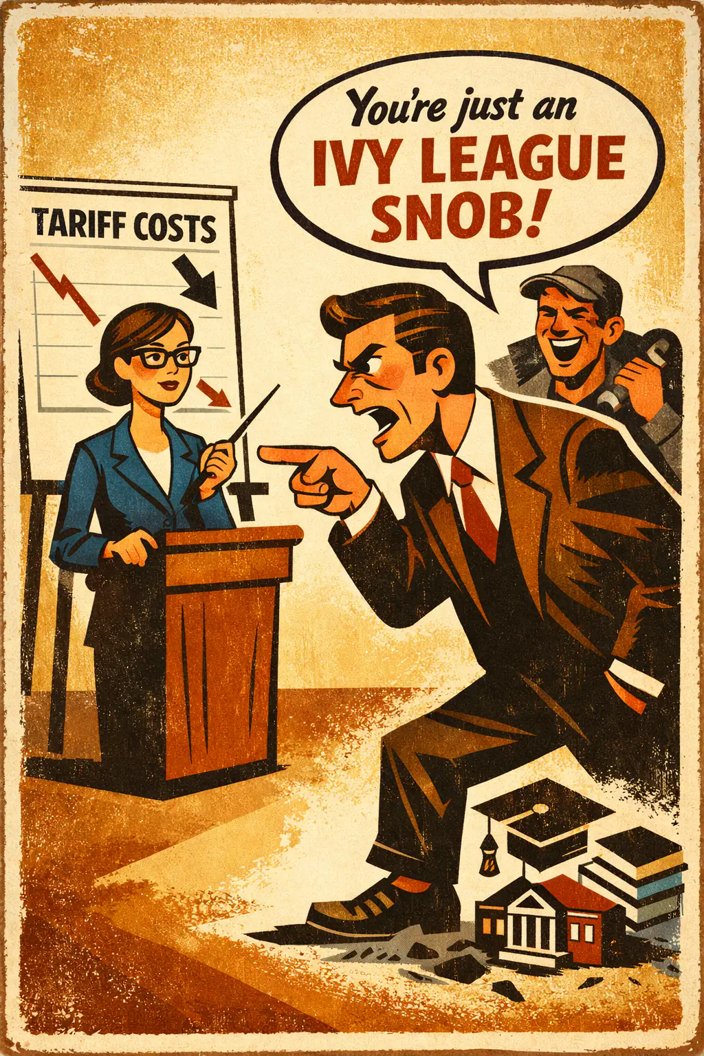 Ad hominem companion poster in a retro mid-century editorial cartoon style, illustrating occurs when someone treats an attack on a person's character, motives, class, or biography as if it were a refutation of that person's argument.
