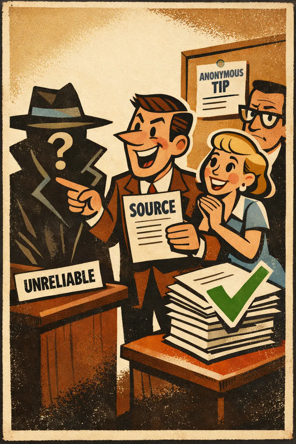 Affirmative conclusion from a negative premise companion poster in a retro mid-century editorial cartoon style, illustrating occurs when a syllogism tries to draw a positive conclusion even though one of the premises is negative in a way that cannot support that conclusion.