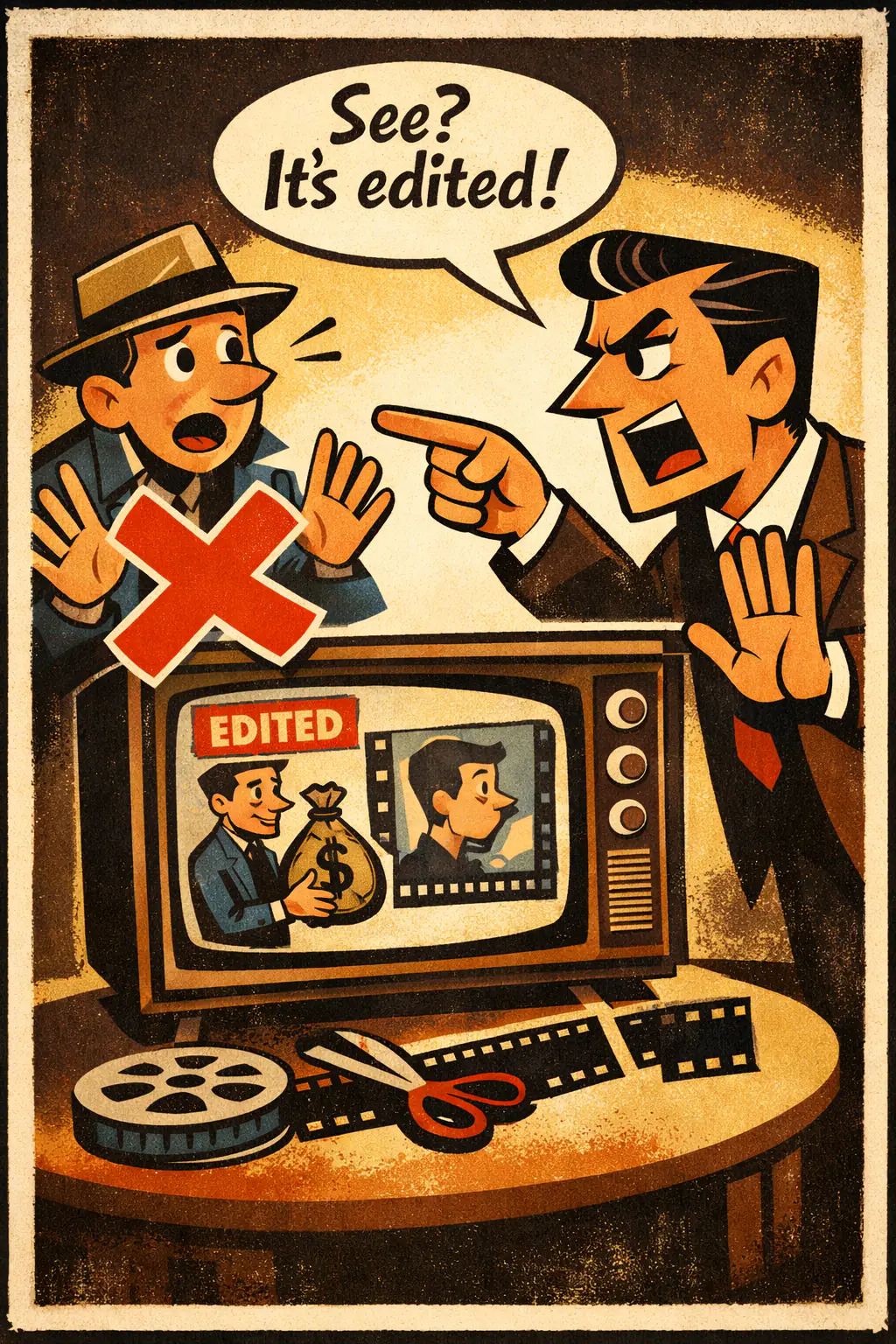 Affirming a disjunct companion poster in a retro mid-century editorial cartoon style, illustrating occurs when someone treats an ordinary 'or' as if it were exclusive and concludes that one option must be false because the other is true.