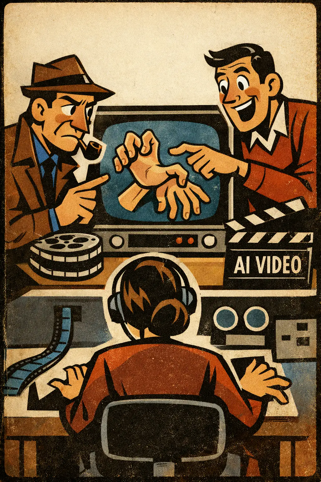 Affirming the consequent companion poster in a retro mid-century editorial cartoon style, illustrating occurs when someone reasons from 'if a, then b' and then wrongly infers a merely because b is observed.