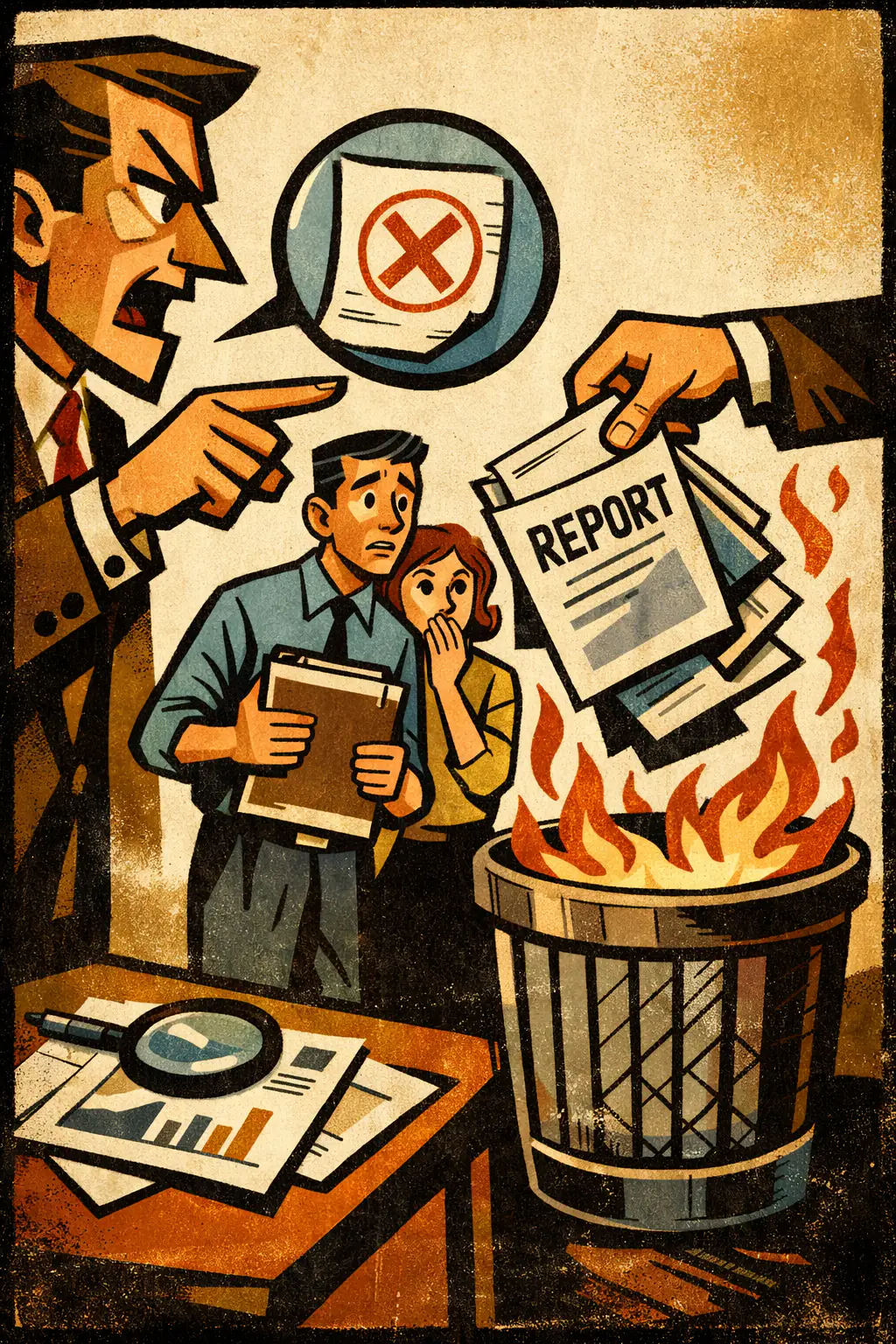 All or nothing fallacy companion poster in a retro mid-century editorial cartoon style, illustrating occurs when support for part of a view, or problems with part of a view, are treated as if they force total acceptance or total rejection of the whole package.