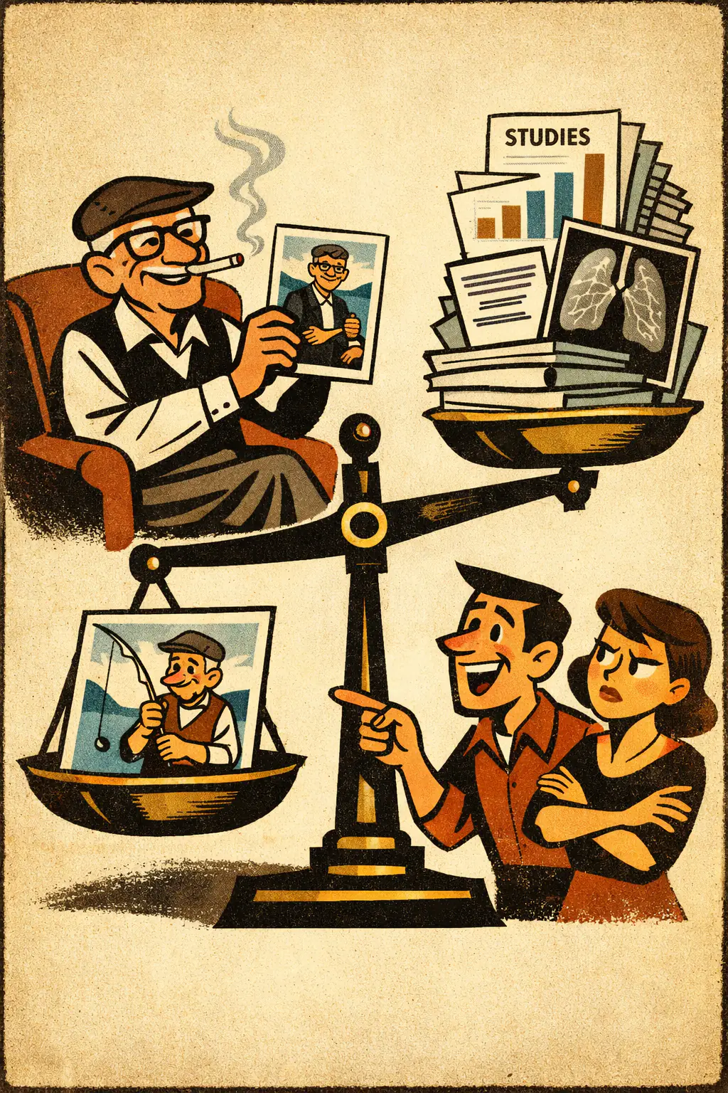 Anecdotal fallacy companion poster in a retro mid-century editorial cartoon style, illustrating occurs when a vivid personal story, testimonial, or isolated case is treated as stronger evidence than broader, better, or more representative evidence.