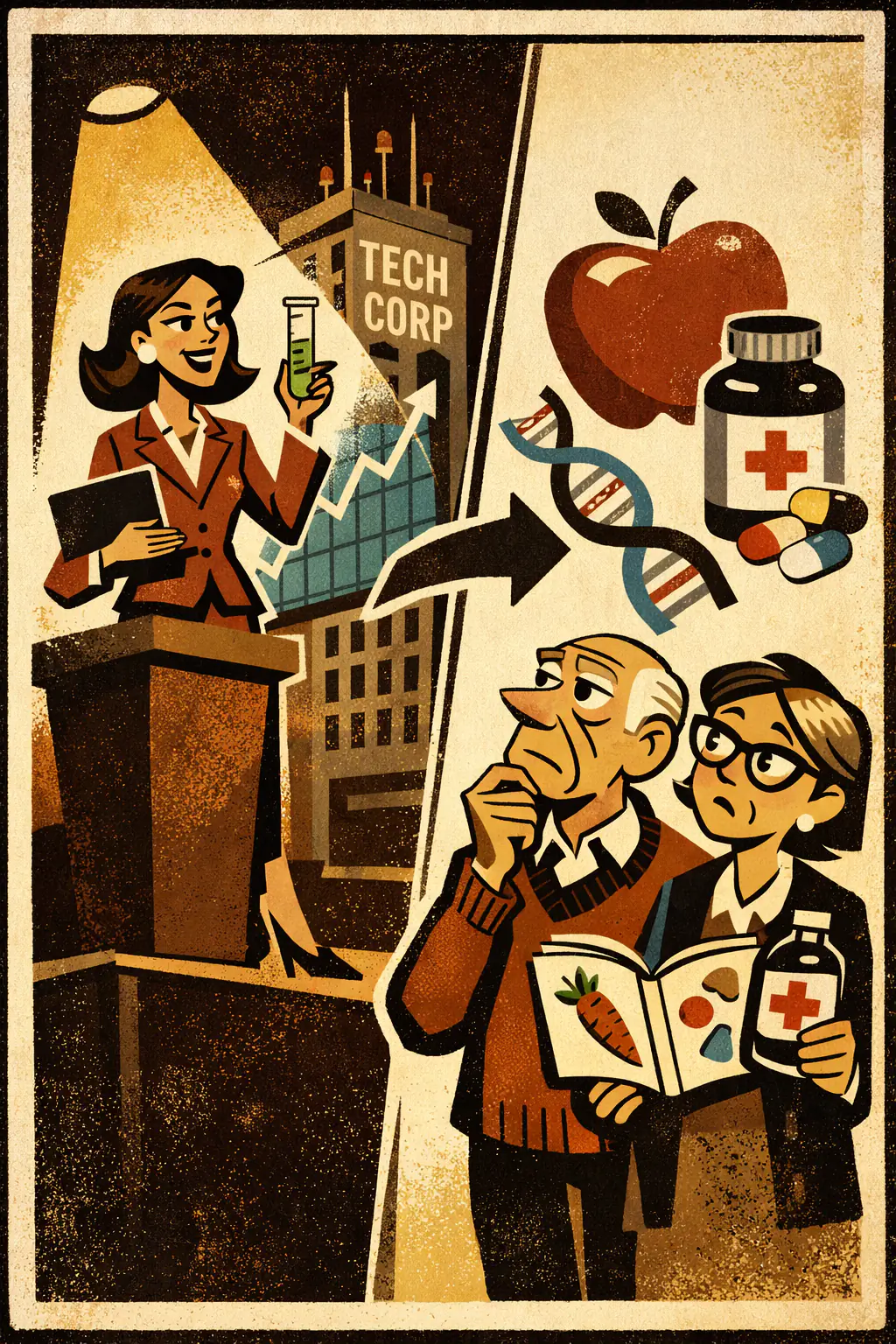 Appeal to accomplishment companion poster in a retro mid-century editorial cartoon style, illustrating occurs when a claim is treated as true or weighty mainly because the person promoting it has impressive accomplishments in some other domain.