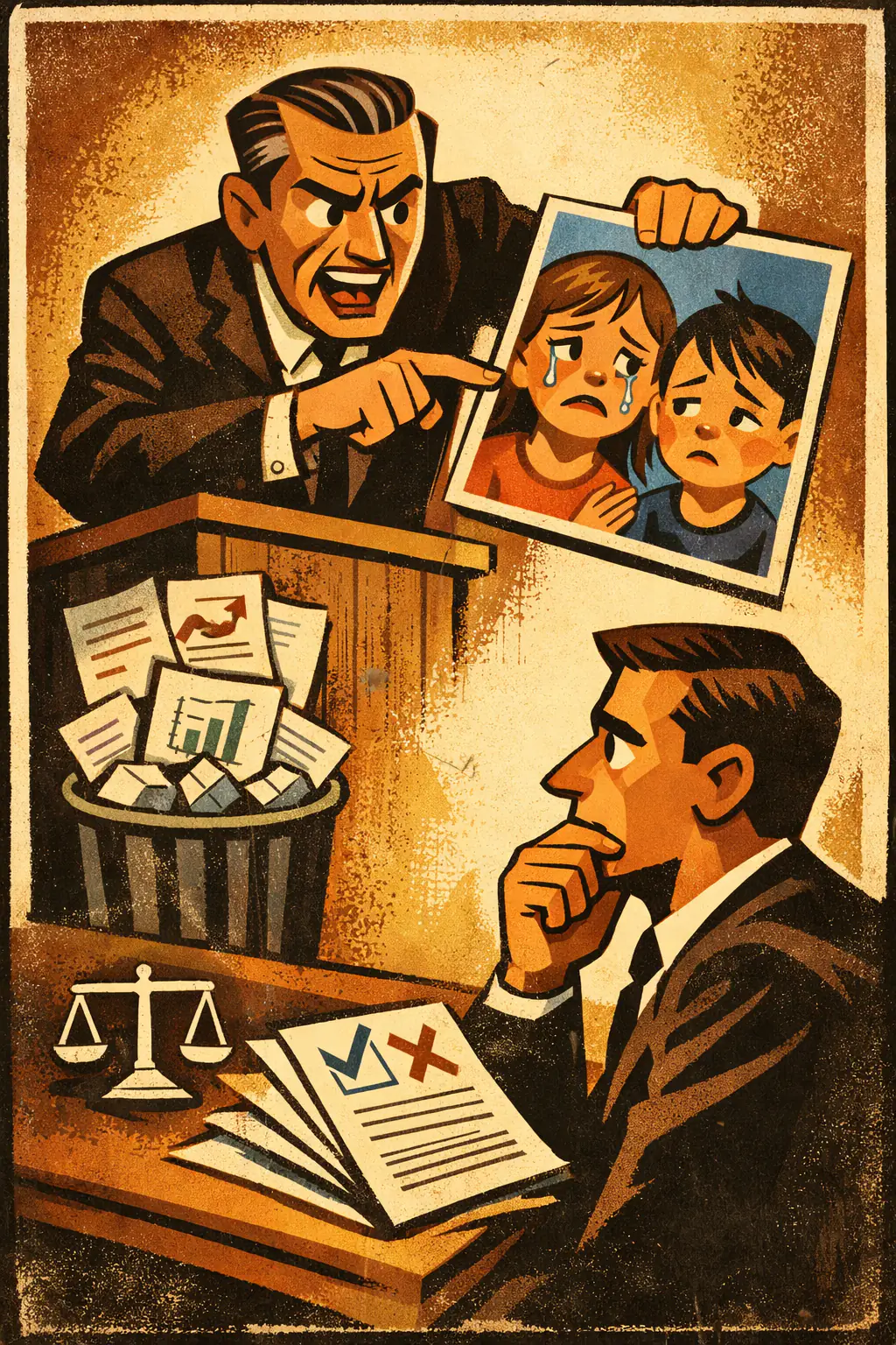 Appeal to emotion companion poster in a retro mid-century editorial cartoon style, illustrating occurs when a conclusion is pushed mainly by triggering fear, pity, outrage, pride, or hope rather than by showing that the conclusion follows from the evidence.