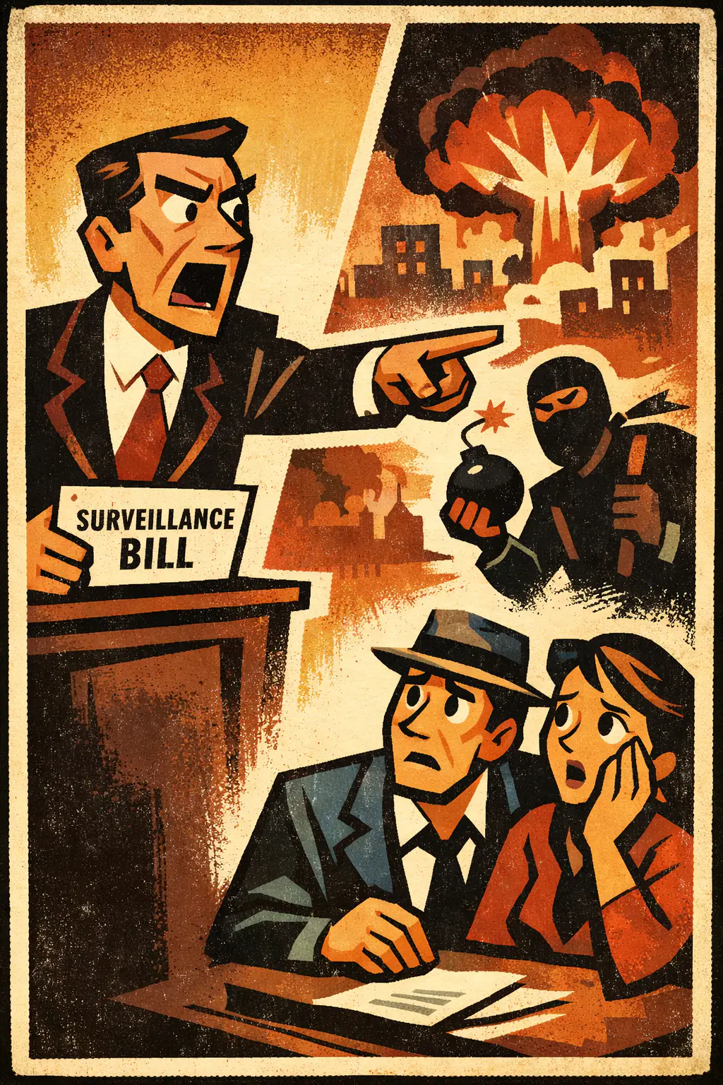 Appeal to fear companion poster in a retro mid-century editorial cartoon style, illustrating occurs when someone tries to secure agreement mainly by amplifying danger, threat, or panic rather than by showing that the conclusion is supported.