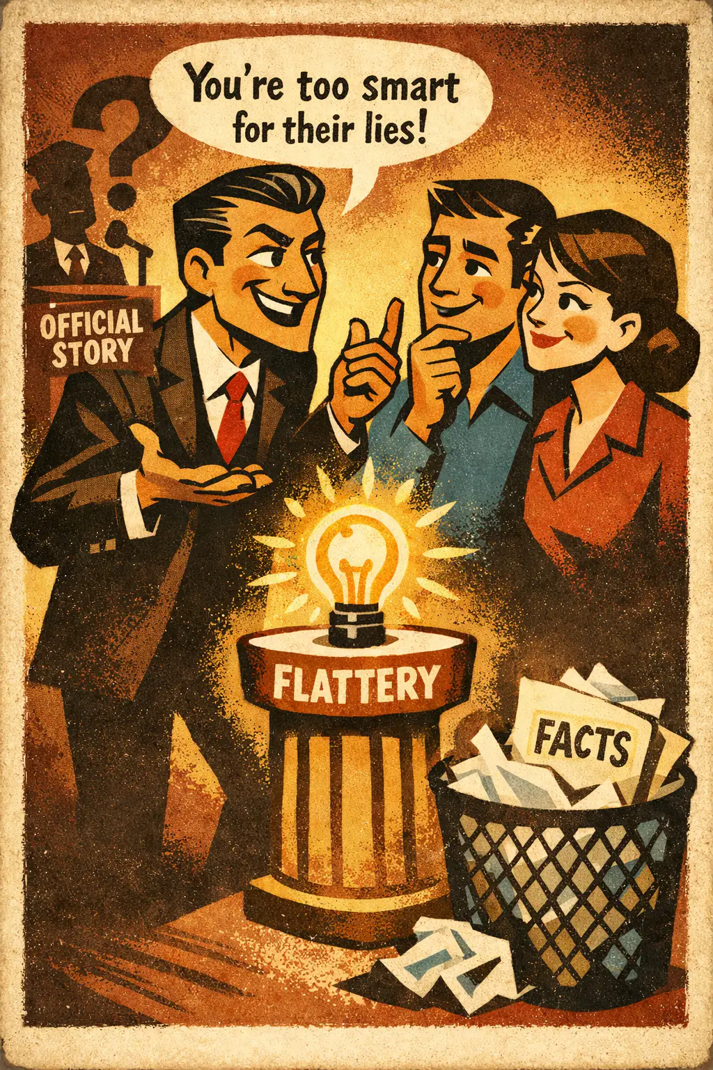 Appeal to flattery companion poster in a retro mid-century editorial cartoon style, illustrating occurs when someone tries to win agreement by flattering the audience's intelligence, courage, independence, or special insight instead of supplying the missing evidence.
