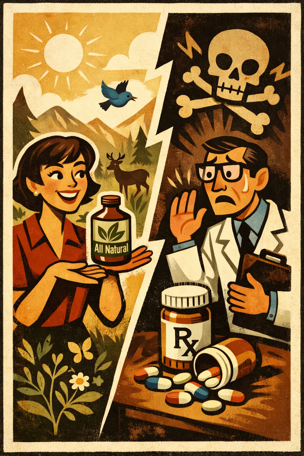 Appeal to nature companion poster in a retro mid-century editorial cartoon style, illustrating occurs when something is praised as good, safe, or right merely because it is called natural, or condemned as bad merely because it is called unnatural.