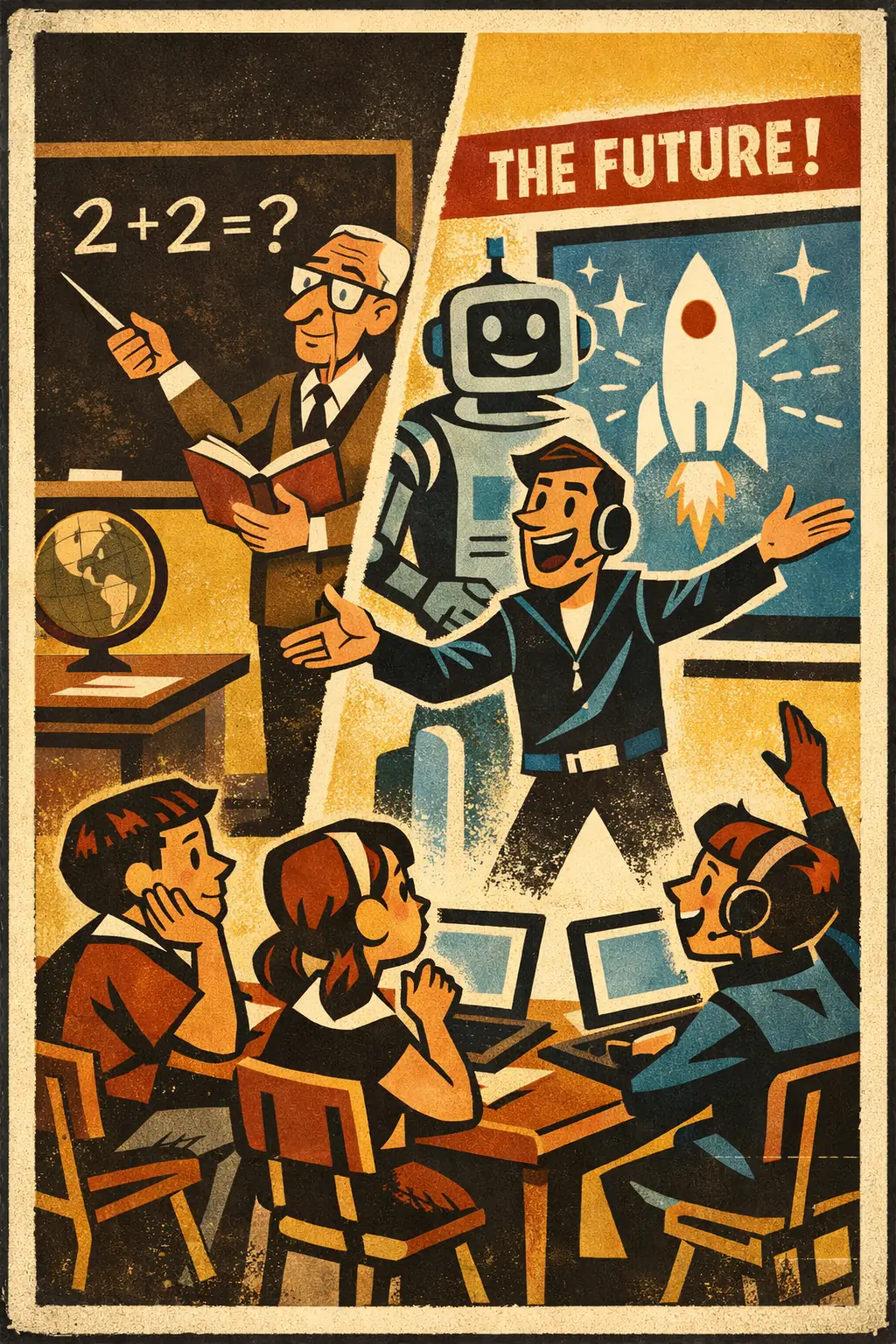Appeal to novelty companion poster in a retro mid-century editorial cartoon style, illustrating occurs when something is treated as better mainly because it is new, cutting-edge, or marketed as the future.