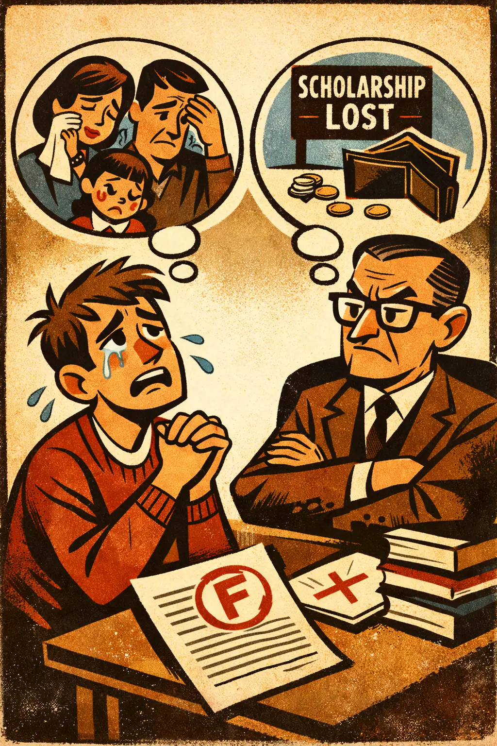 Appeal to pity companion poster in a retro mid-century editorial cartoon style, illustrating occurs when sympathy for a person or group is used as if it were evidence that a claim is true or a conclusion follows.