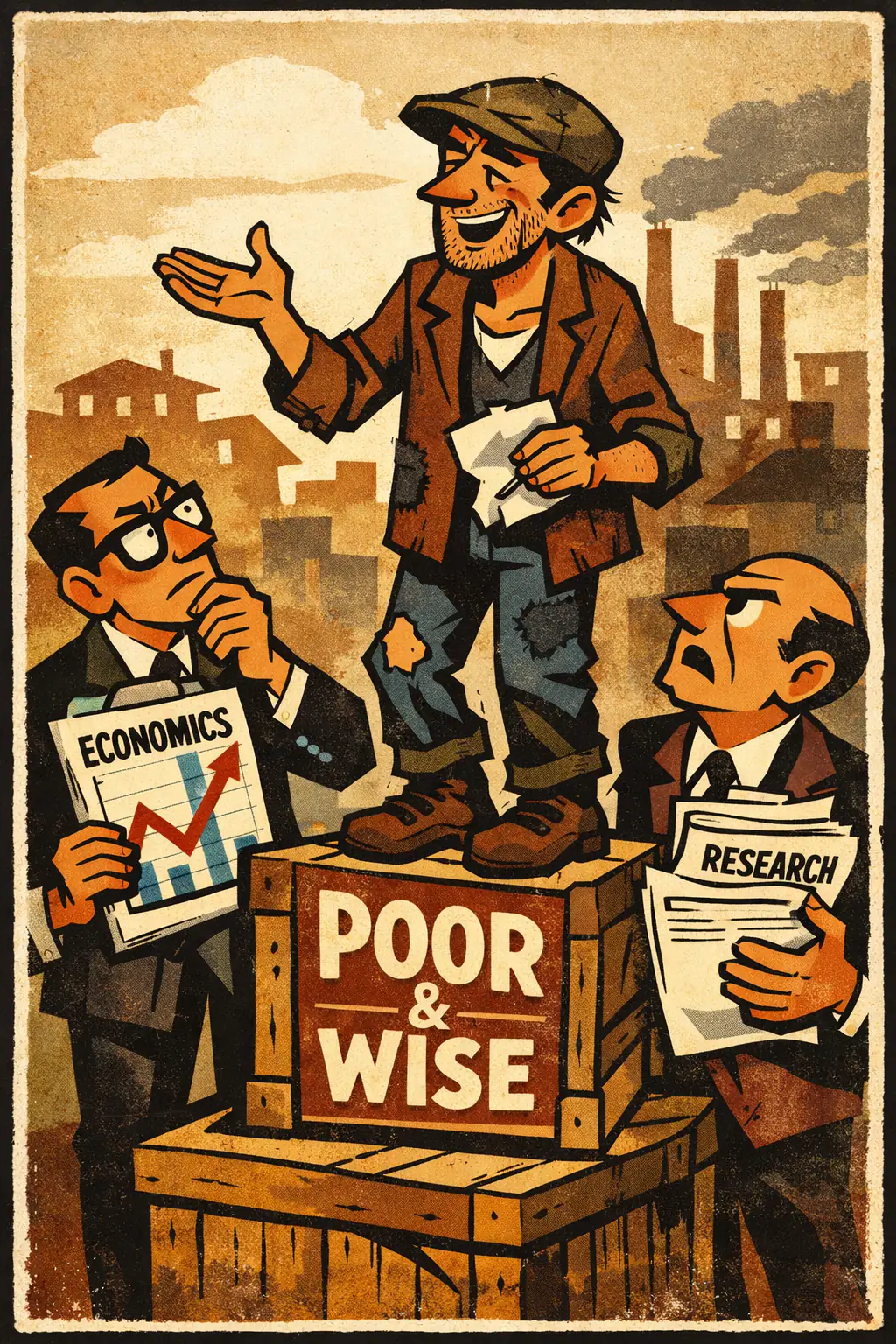 Appeal to poverty companion poster in a retro mid-century editorial cartoon style, illustrating occurs when a claim is treated as more trustworthy, virtuous, or true mainly because its proponent is poor, ordinary, or from humble circumstances.