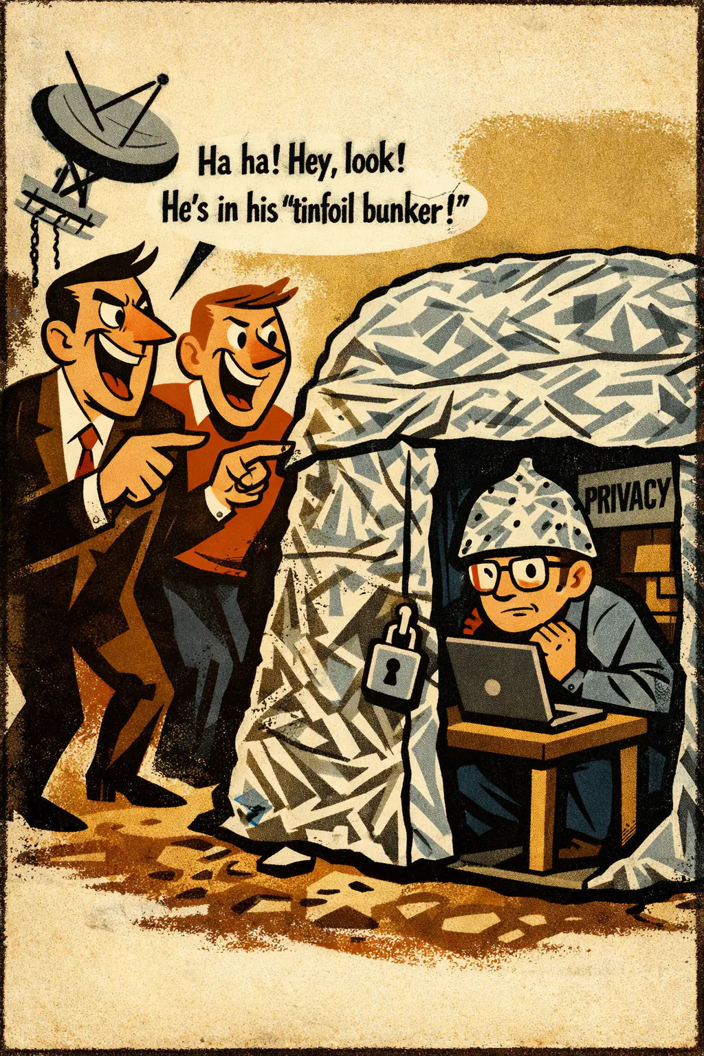 Appeal to ridicule companion poster in a retro mid-century editorial cartoon style, illustrating occurs when mockery, embarrassment, or derision is used in place of showing why a view is false.