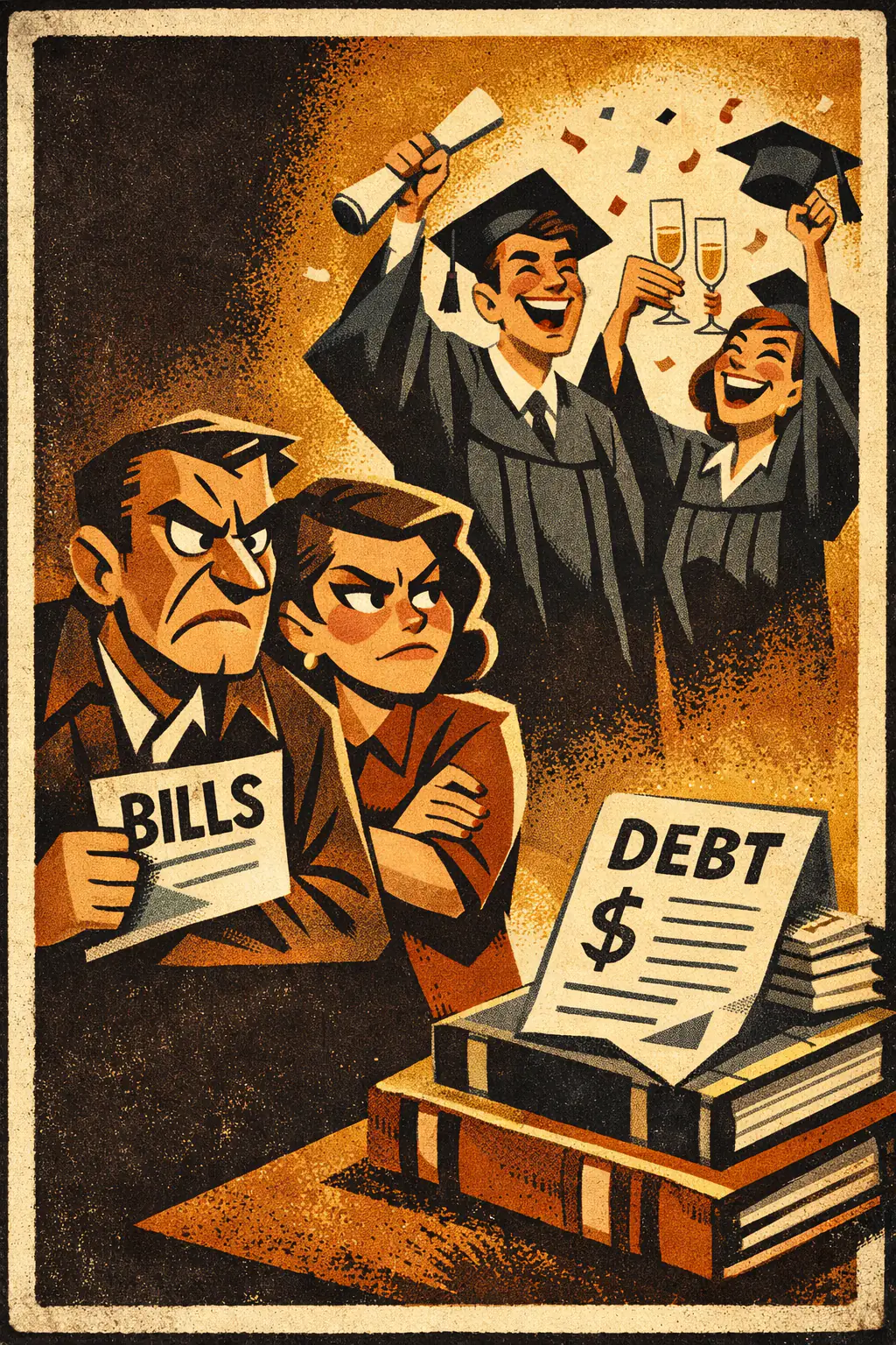 Appeal to spite companion poster in a retro mid-century editorial cartoon style, illustrating occurs when resentment, bitterness, or hostility toward another group is used to drive support for a conclusion.