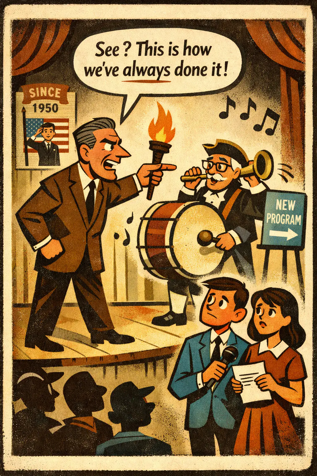Appeal to tradition companion poster in a retro mid-century editorial cartoon style, illustrating occurs when a claim or practice is defended mainly because it has a long history, customary status, or familiar place in a community.