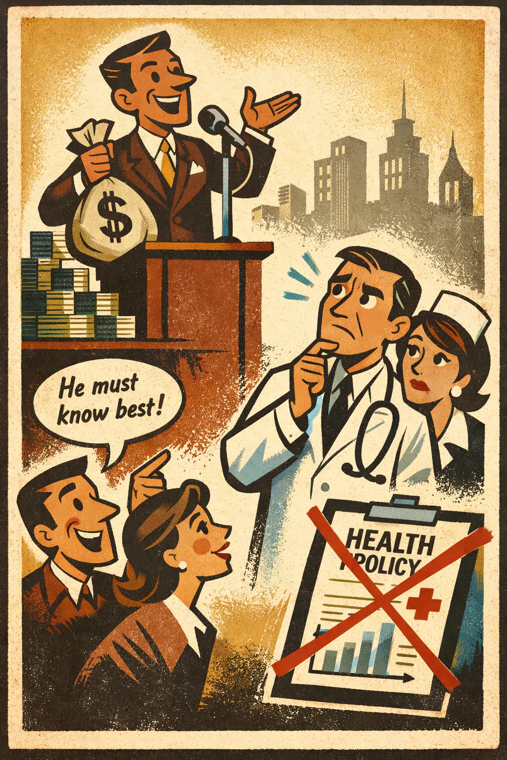 Appeal to wealth companion poster in a retro mid-century editorial cartoon style, illustrating occurs when a claim is treated as more credible or correct mainly because it comes from a rich, famous, or financially successful person.