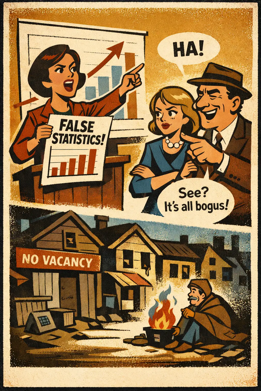Argument from fallacy companion poster in a retro mid-century editorial cartoon style, illustrating occurs when someone infers that because a particular argument for a conclusion is weak or fallacious, the conclusion itself must therefore be false.