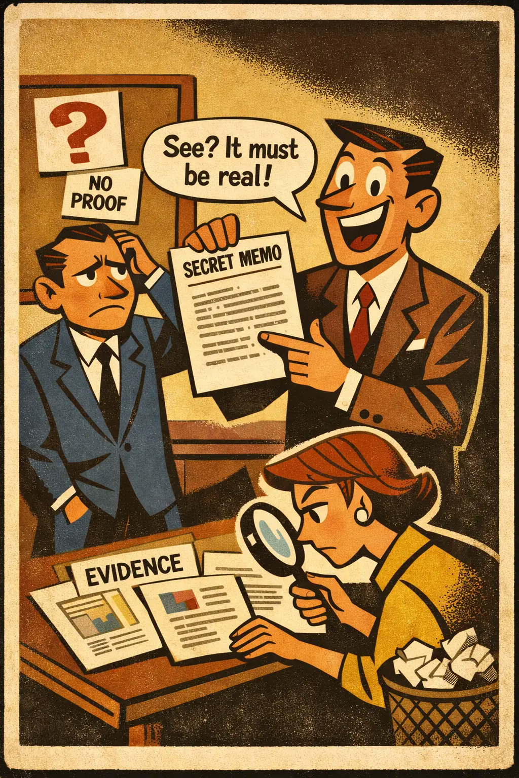 Argument from ignorance companion poster in a retro mid-century editorial cartoon style, illustrating occurs when someone concludes that a claim is true because it has not been disproved, or false because it has not been proved.