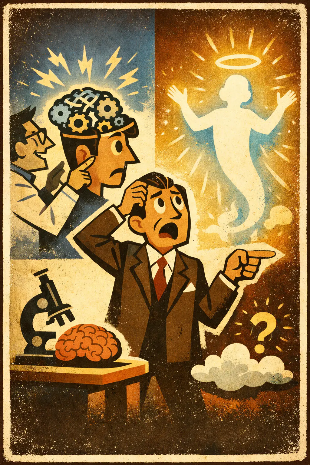 Argument from incredulity companion poster in a retro mid-century editorial cartoon style, illustrating occurs when someone treats their inability to imagine, explain, or believe a claim as evidence that the claim must be false, or conversely true.