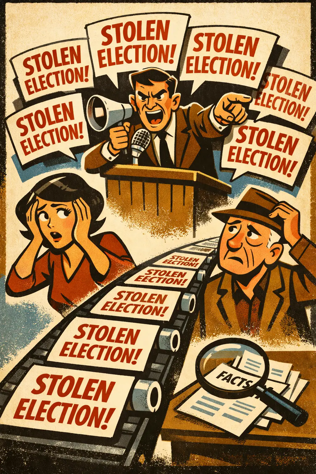 Argument from repetition companion poster in a retro mid-century editorial cartoon style, illustrating occurs when repetition is treated as if it adds evidence, wearing down doubt or making a claim seem true through familiarity.