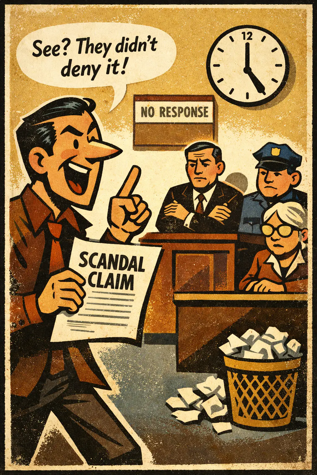 Argument from silence companion poster in a retro mid-century editorial cartoon style, illustrating occurs when a claim is treated as validated because opponents, authorities, or witnesses did not deny it, respond to it, or mention it.