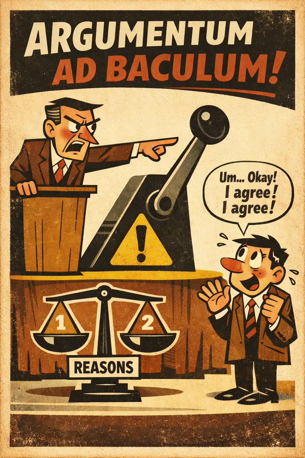 Argumentum ad baculum companion poster in a retro mid-century editorial cartoon style, illustrating occurs when agreement is extracted by threat, intimidation, or coercive pressure rather than by showing that the claim is true.