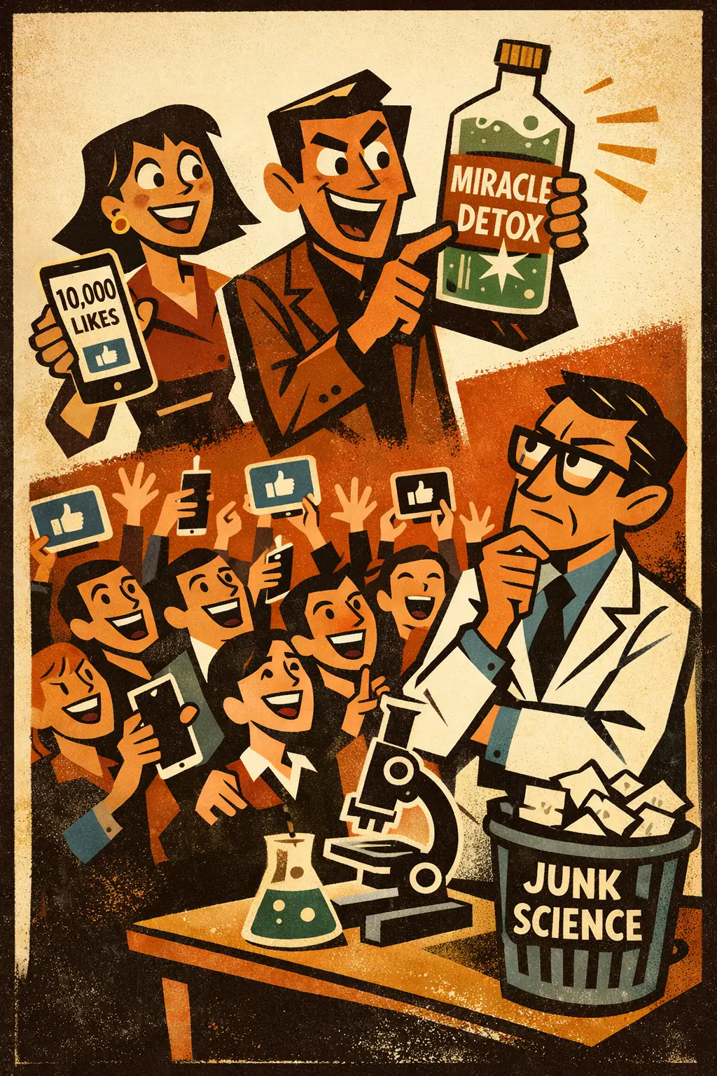 Argumentum ad populum companion poster in a retro mid-century editorial cartoon style, illustrating occurs when a claim is treated as true, reasonable, or justified mainly because many people believe it, share it, or act on it.