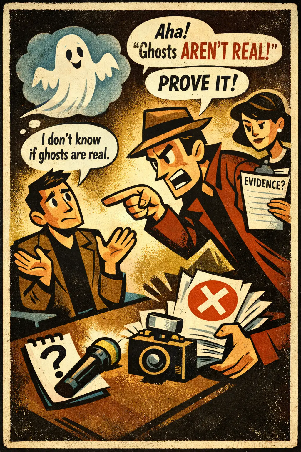Artificial negation companion poster in a retro mid-century editorial cartoon style, illustrating occurs when the wording of a negative position is manipulated so that mere non-belief is treated as if it were the same thing as a strong positive denial.