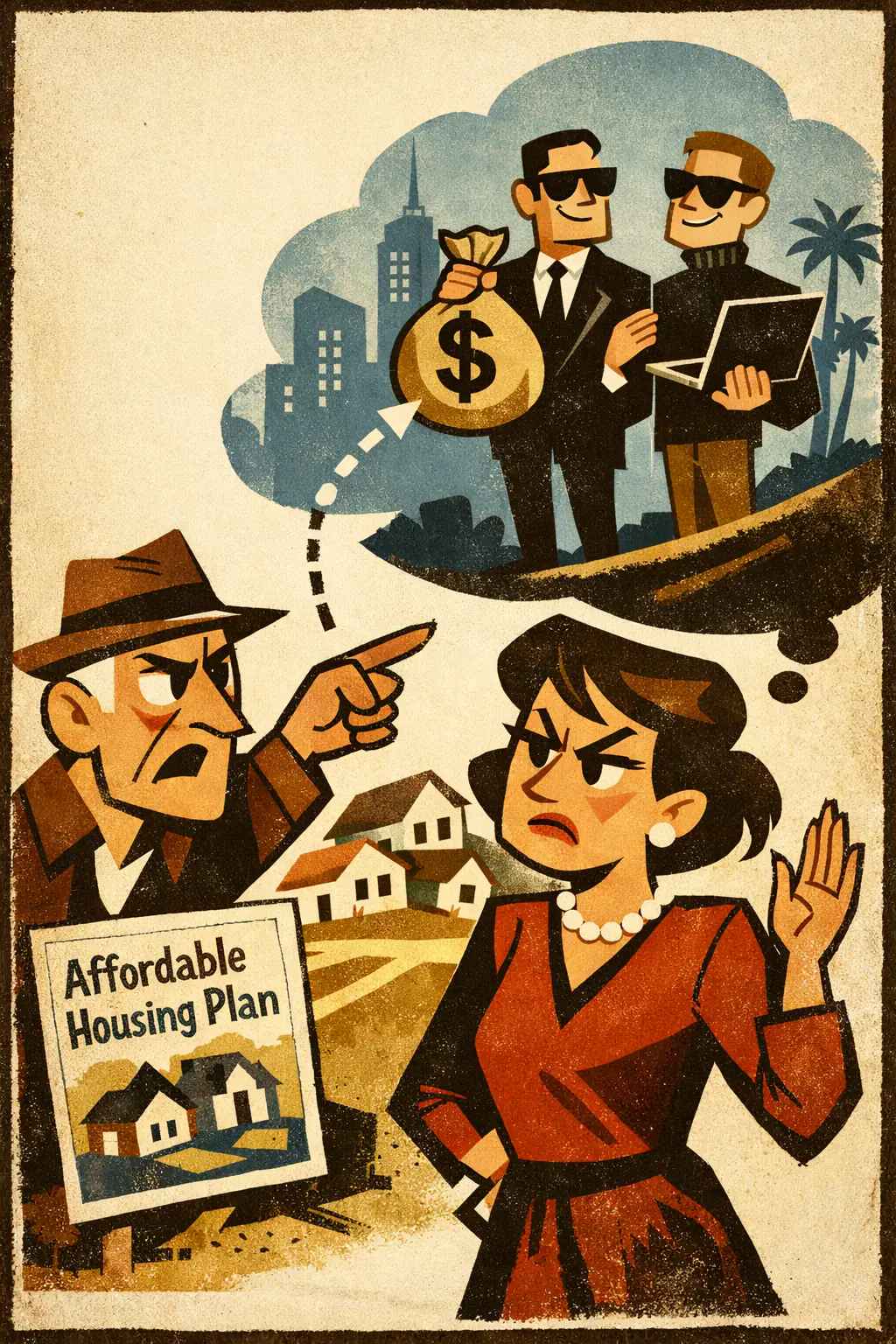 Association fallacy companion poster in a retro mid-century editorial cartoon style, illustrating occurs when a claim is accepted or dismissed because of some irrelevant association rather than because of the merits of the claim itself.