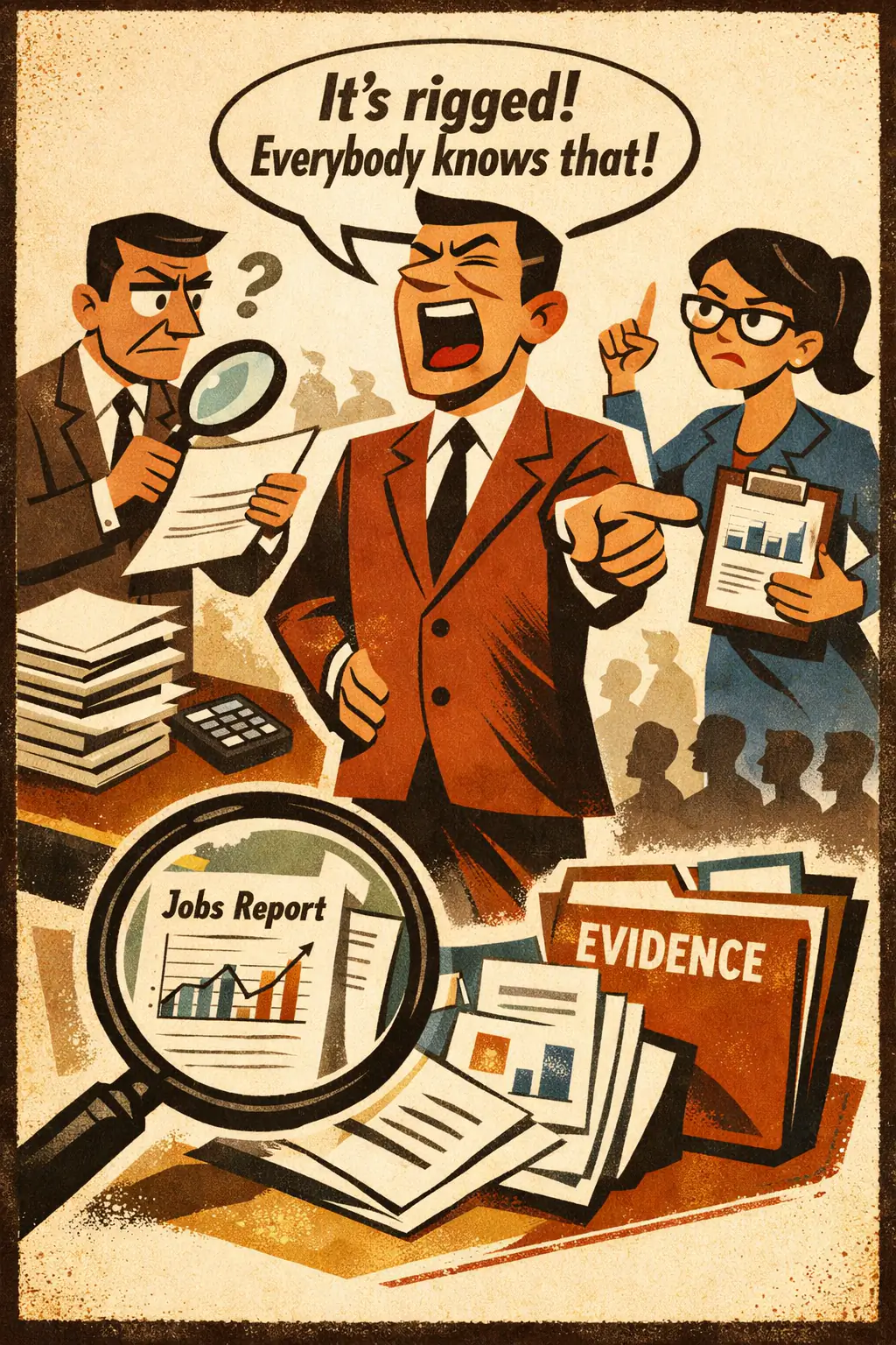 Bare assertion fallacy companion poster in a retro mid-century editorial cartoon style, illustrating occurs when a contested claim is simply asserted, often confidently, without the evidence needed to justify it.