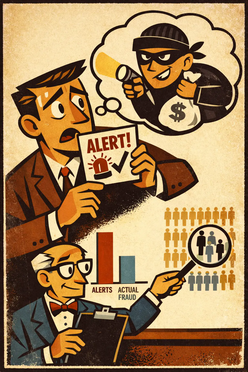 Base rate fallacy companion poster in a retro mid-century editorial cartoon style, illustrating occurs when someone judges how likely a case is by focusing on vivid case-specific evidence while ignoring the underlying frequency of the thing in question.