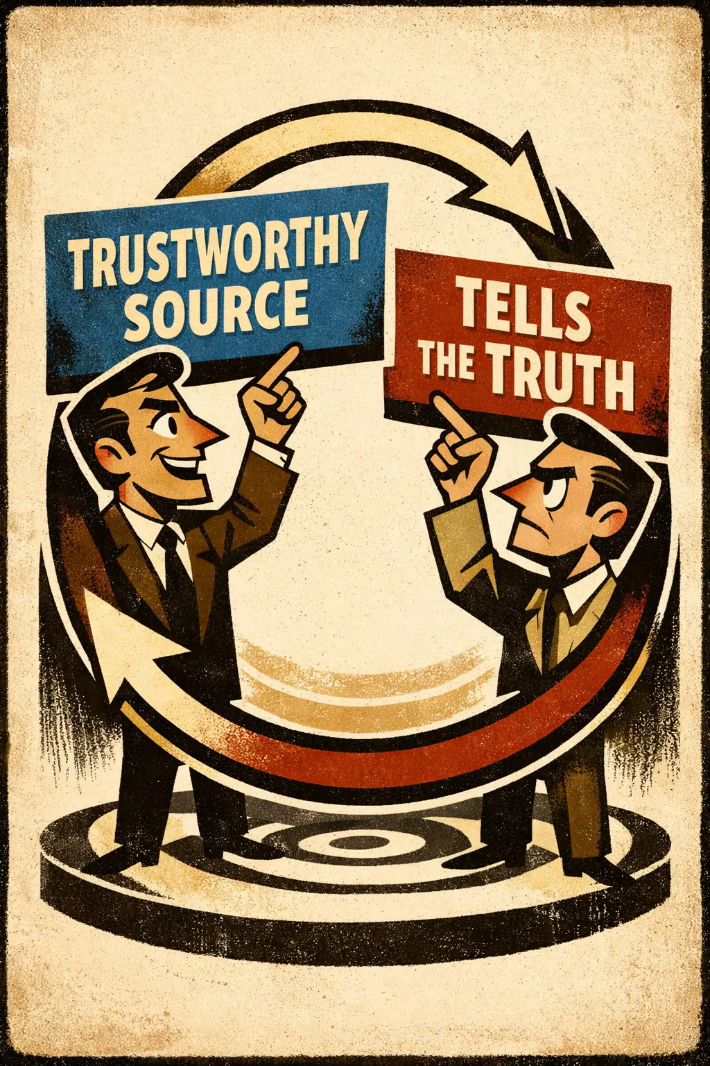 Begging the question companion poster in a retro mid-century editorial cartoon style, illustrating occurs when an argument quietly assumes the very point it is supposed to prove, so the conclusion is built into the premises.