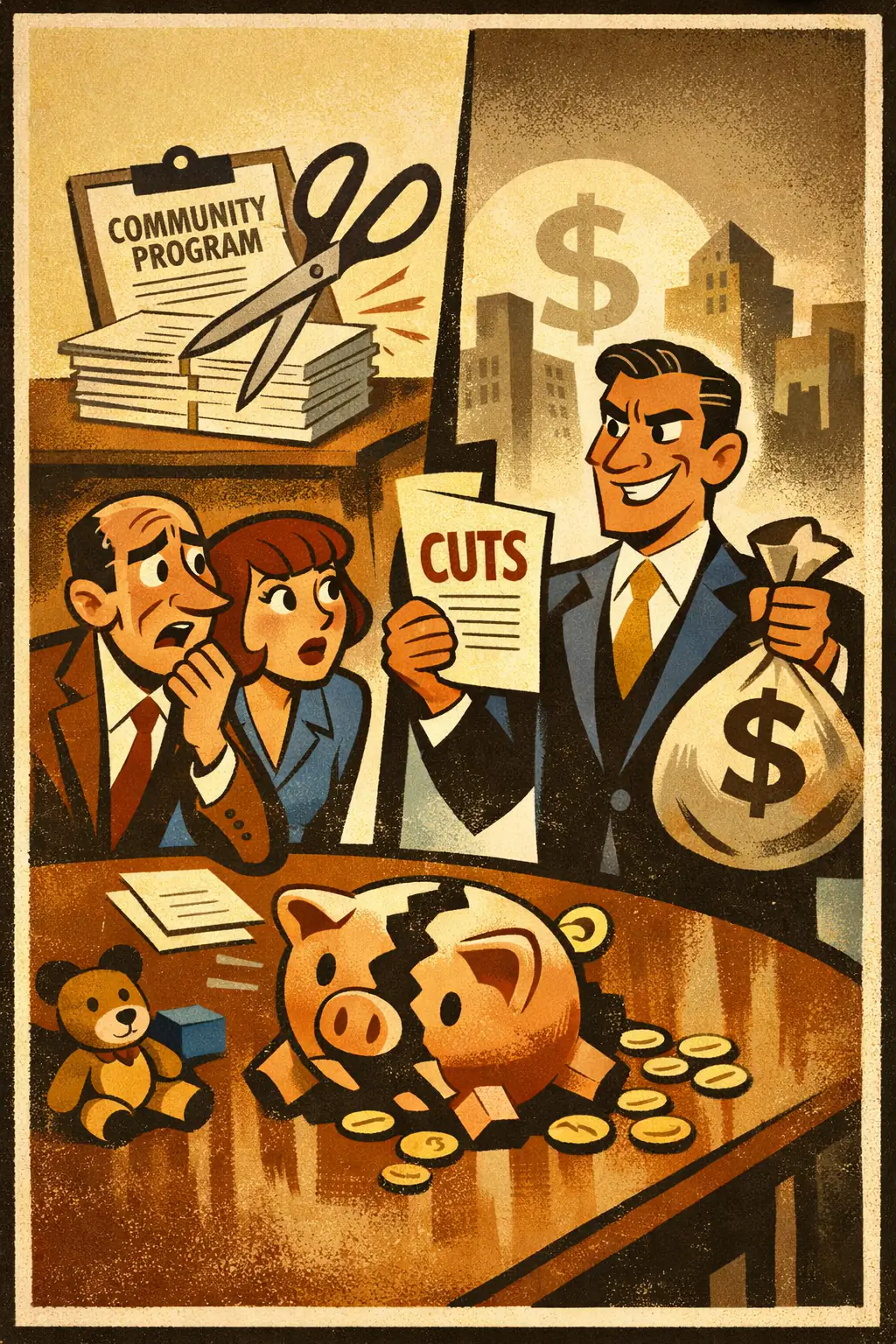 Bottom-up condemnation companion poster in a retro mid-century editorial cartoon style, illustrating occurs when a negative generalization about a group is used as if it settled the character or behavior of a specific member of that group.