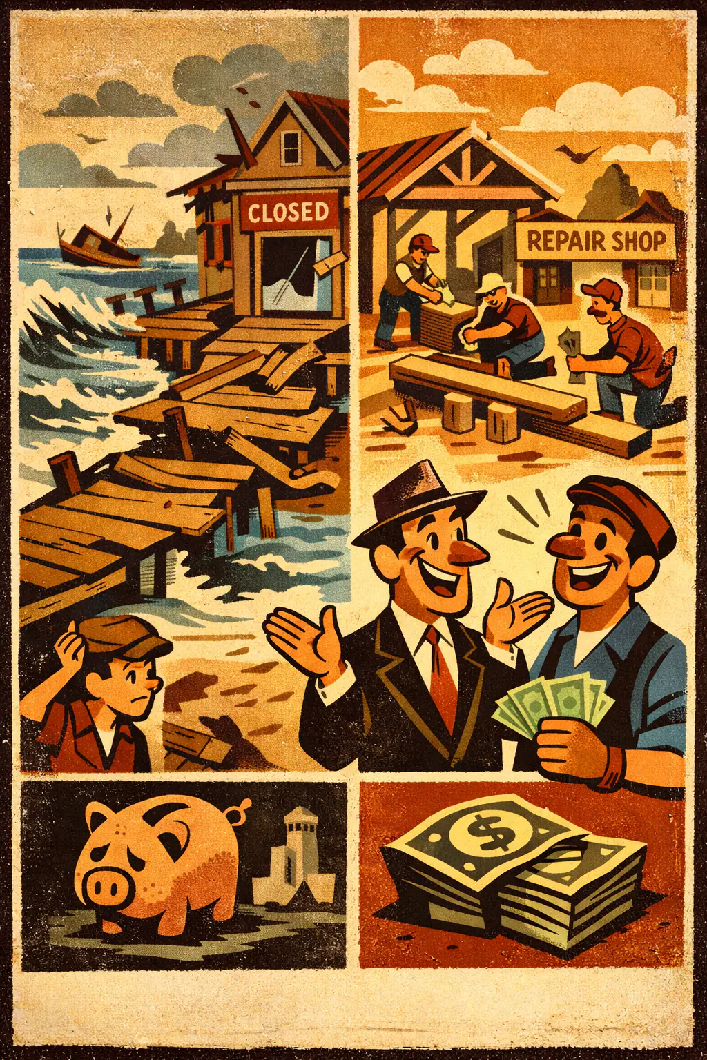 Broken window fallacy companion poster in a retro mid-century editorial cartoon style, illustrating occurs when destruction or forced replacement is treated as an economic gain because the visible spending is counted while the unseen losses and forgone alternatives are ignored.