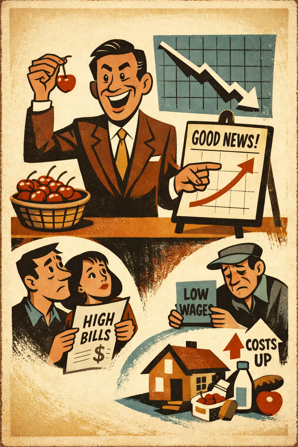 Cherry picking companion poster in a retro mid-century editorial cartoon style, illustrating occurs when someone selects only the evidence that supports a conclusion and ignores a wider body of evidence that weakens, qualifies, or reverses it.
