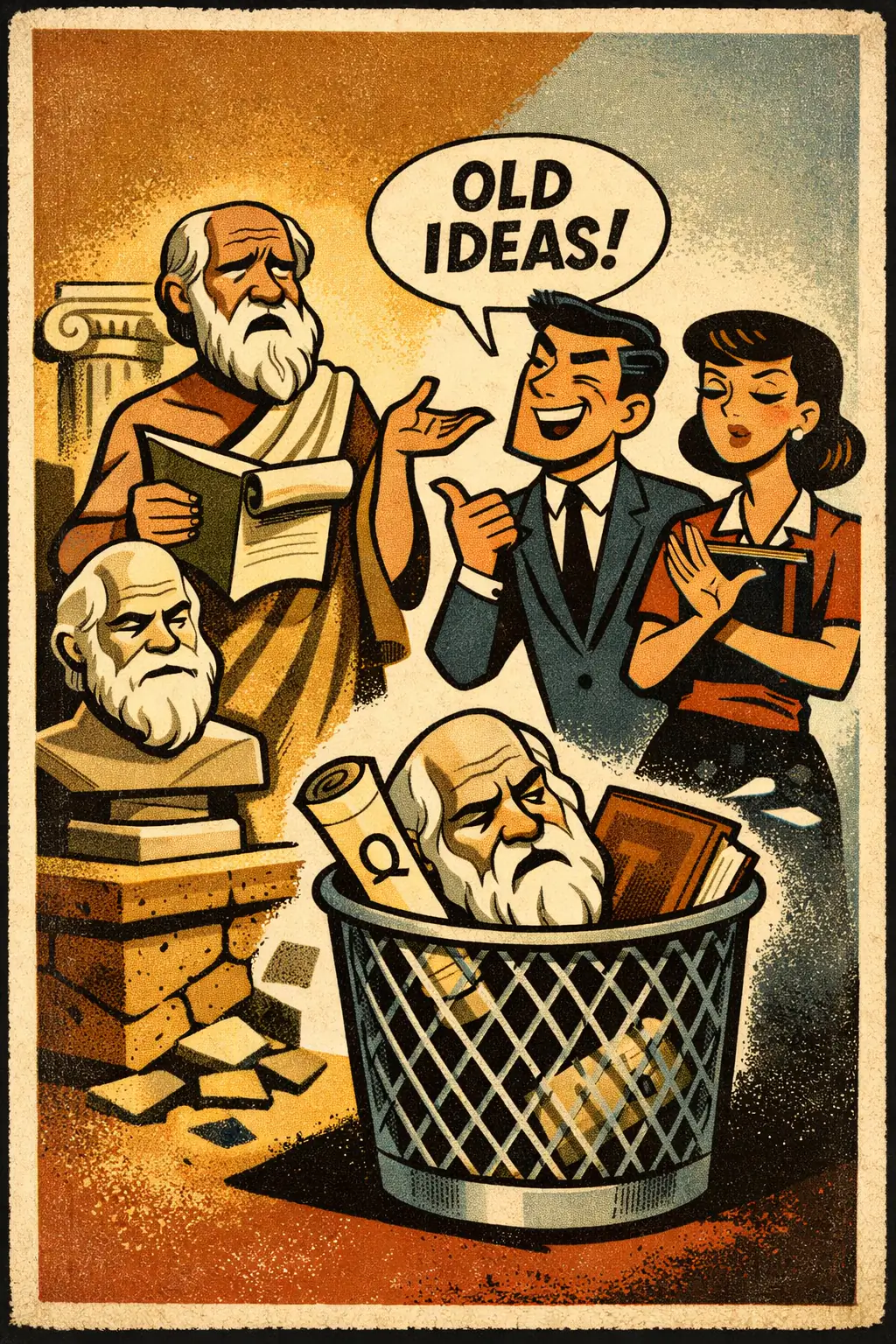 Chronological snobbery companion poster in a retro mid-century editorial cartoon style, illustrating occurs when an idea is dismissed mainly because it is old, premodern, or associated with a period that also held many false beliefs.