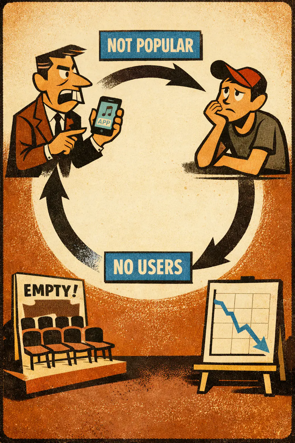 Circular cause and consequence companion poster in a retro mid-century editorial cartoon style, illustrating occurs when a feedback loop is treated as if it fully explains, proves, or justifies a result, even though the loop may be contingent, breakable, or not sufficient for the claimed conclusion.