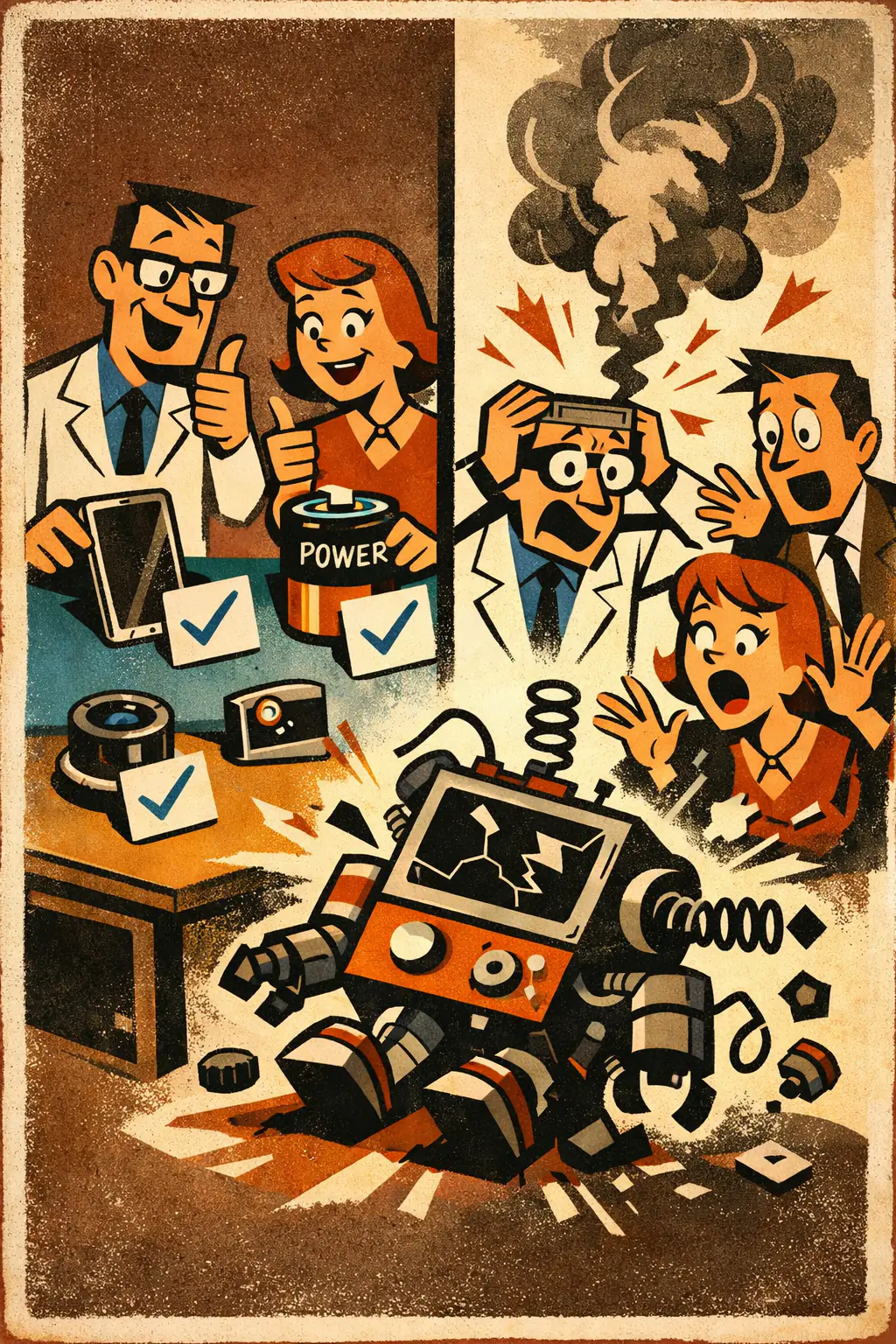Composition fallacy companion poster in a retro mid-century editorial cartoon style, illustrating occurs when something true of the parts is assumed to be true of the whole they compose.