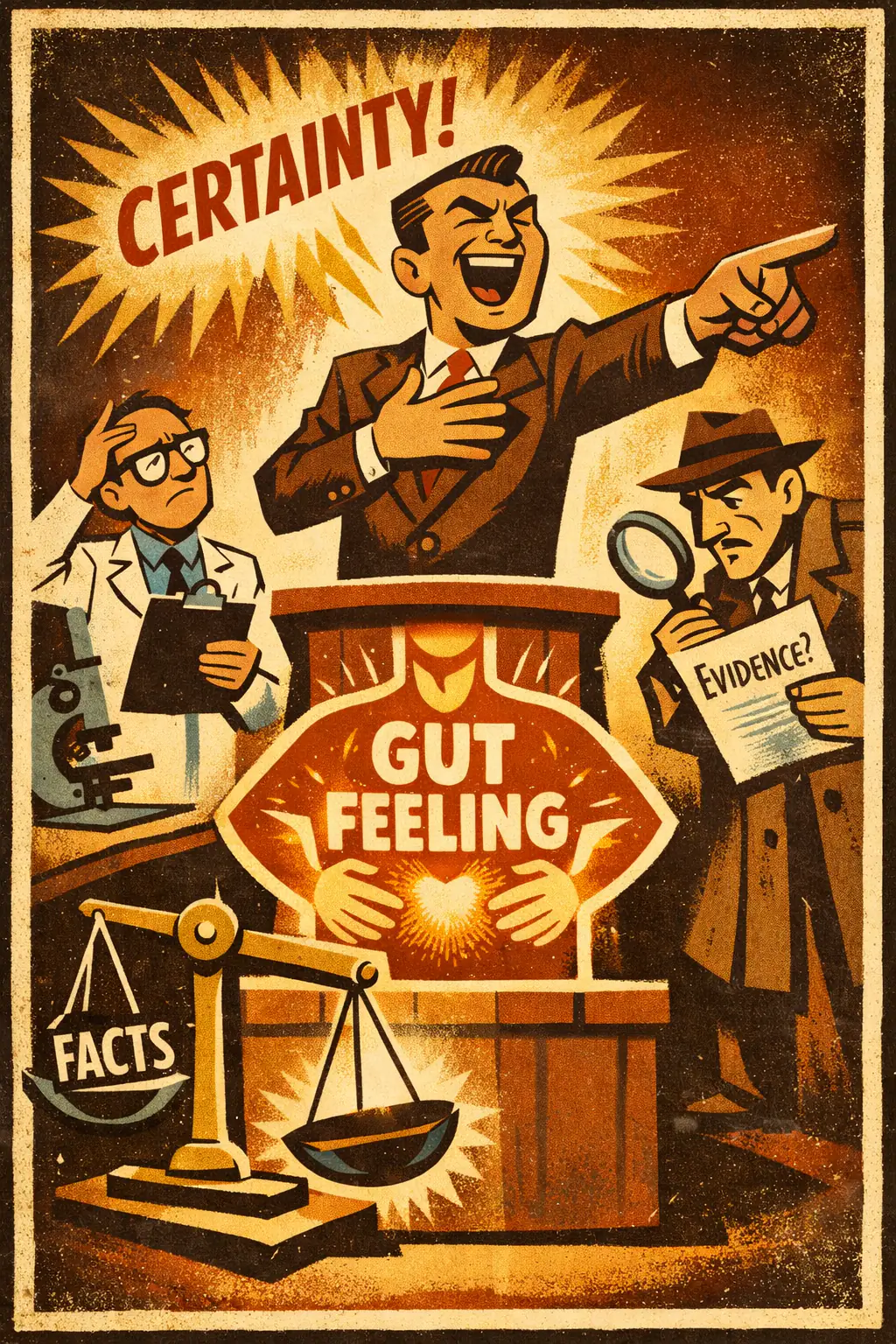 Confidence as a validator companion poster in a retro mid-century editorial cartoon style, illustrating occurs when a speaker's certainty, intensity, or felt conviction is treated as if it were evidence that the claim is true.