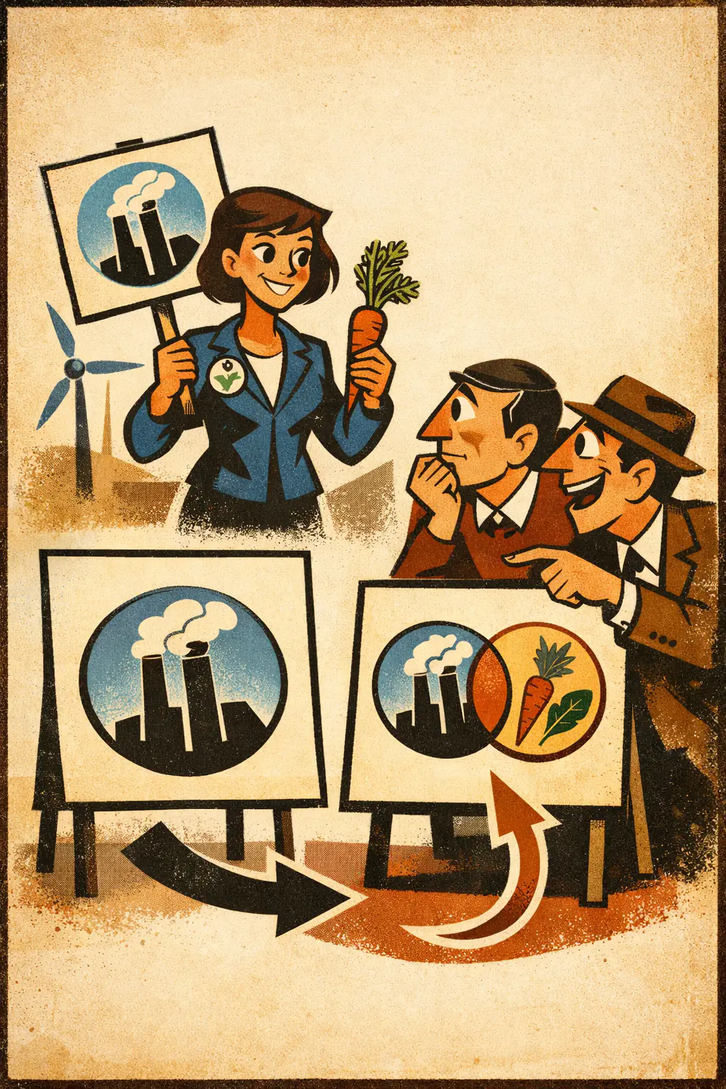 Conjunction fallacy companion poster in a retro mid-century editorial cartoon style, illustrating occurs when a more detailed scenario is treated as more probable than a less detailed scenario that already contains it.