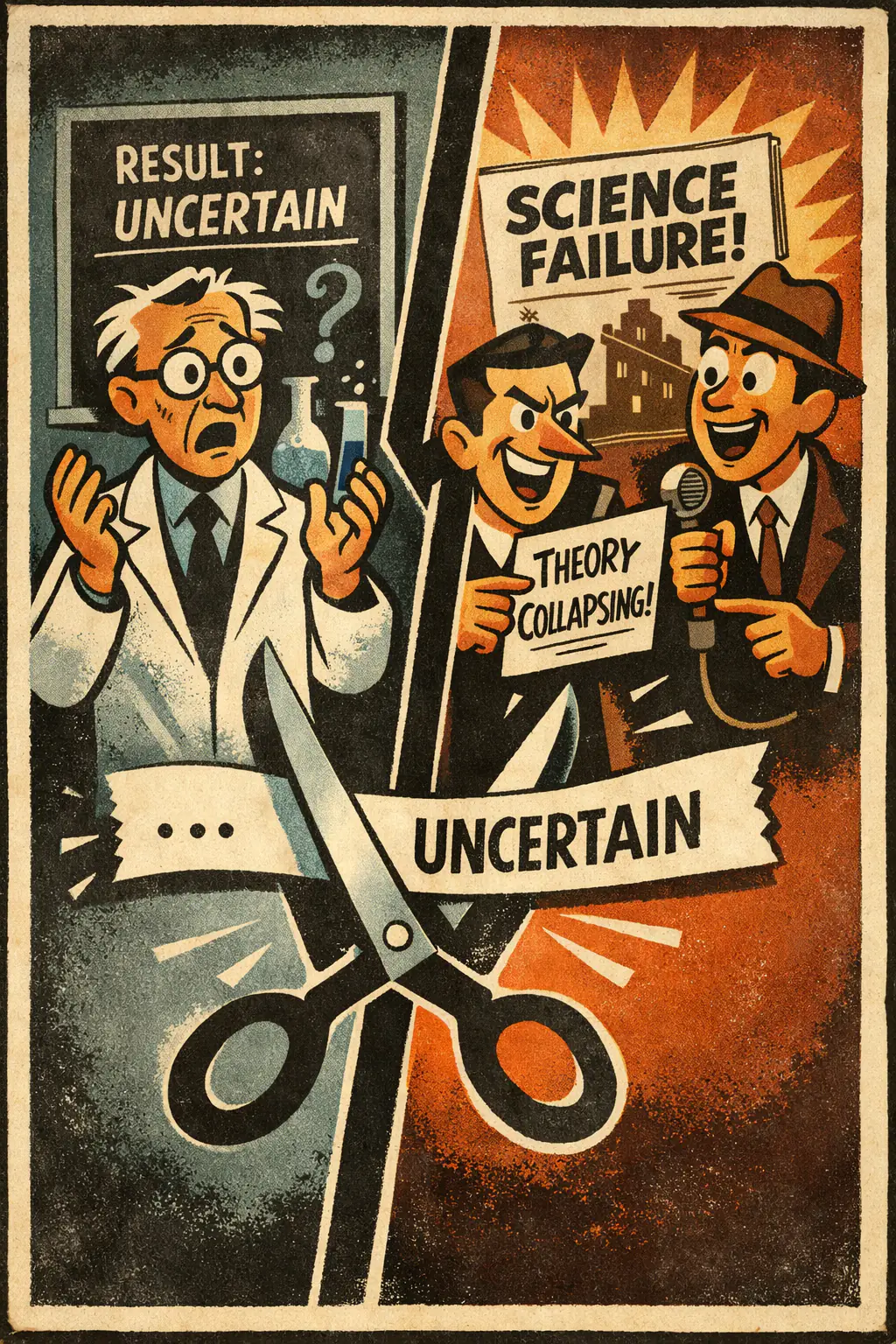 Contextomy companion poster in a retro mid-century editorial cartoon style, illustrating occurs when words are selectively excerpted from their original context in a way that changes or distorts what the speaker meant.
