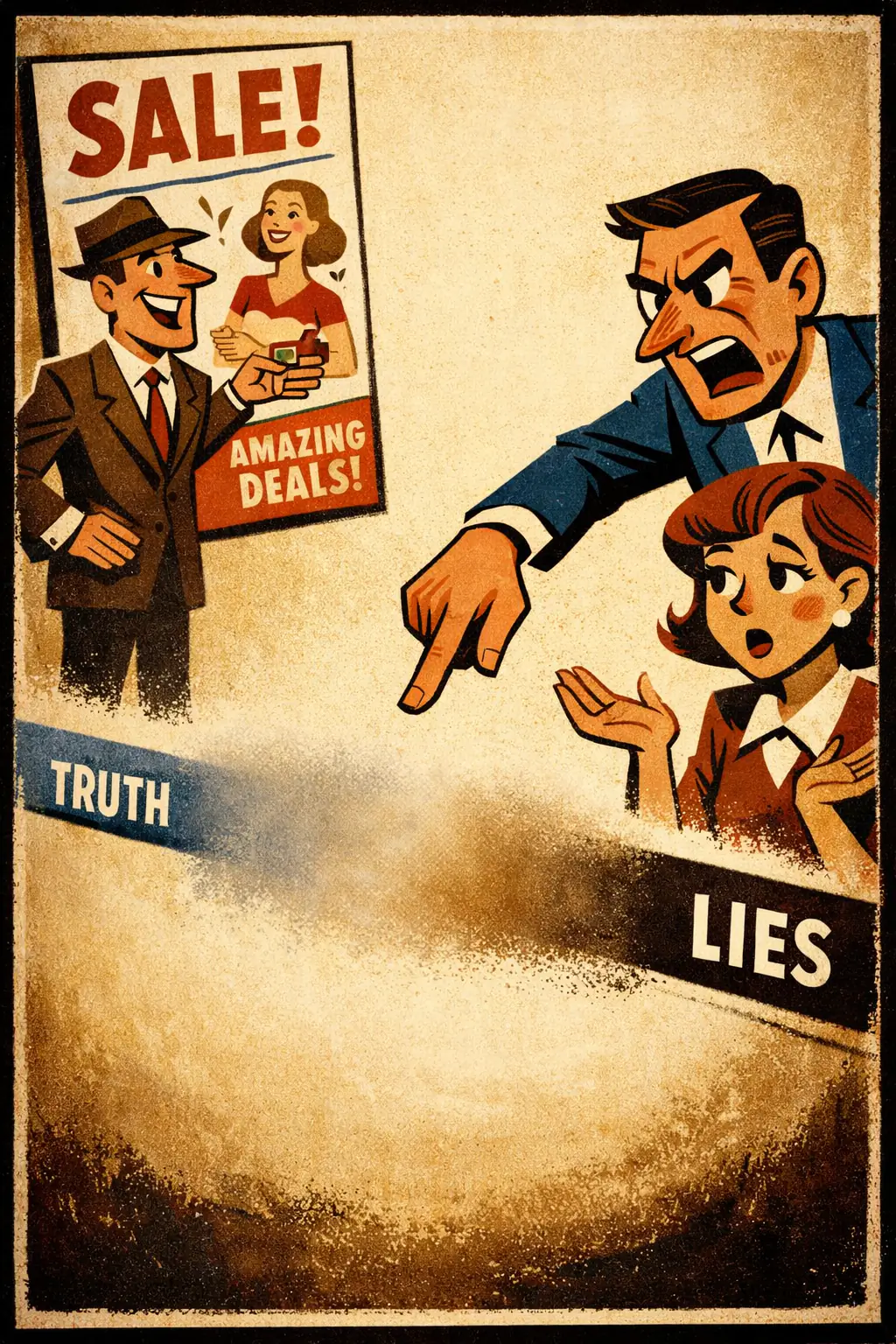 Continuum fallacy companion poster in a retro mid-century editorial cartoon style, illustrating occurs when a claim is rejected simply because the concept involved has blurry boundaries rather than a perfectly sharp cutoff.