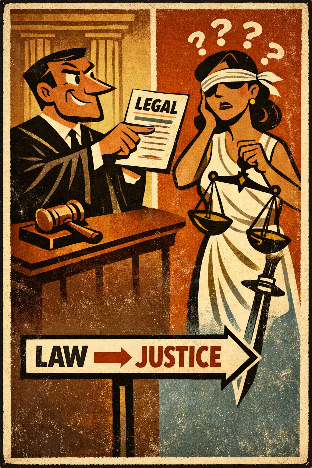 Definist fallacy companion poster in a retro mid-century editorial cartoon style, illustrating occurs when a substantive question is illegitimately 'solved' by defining one contested concept into another.