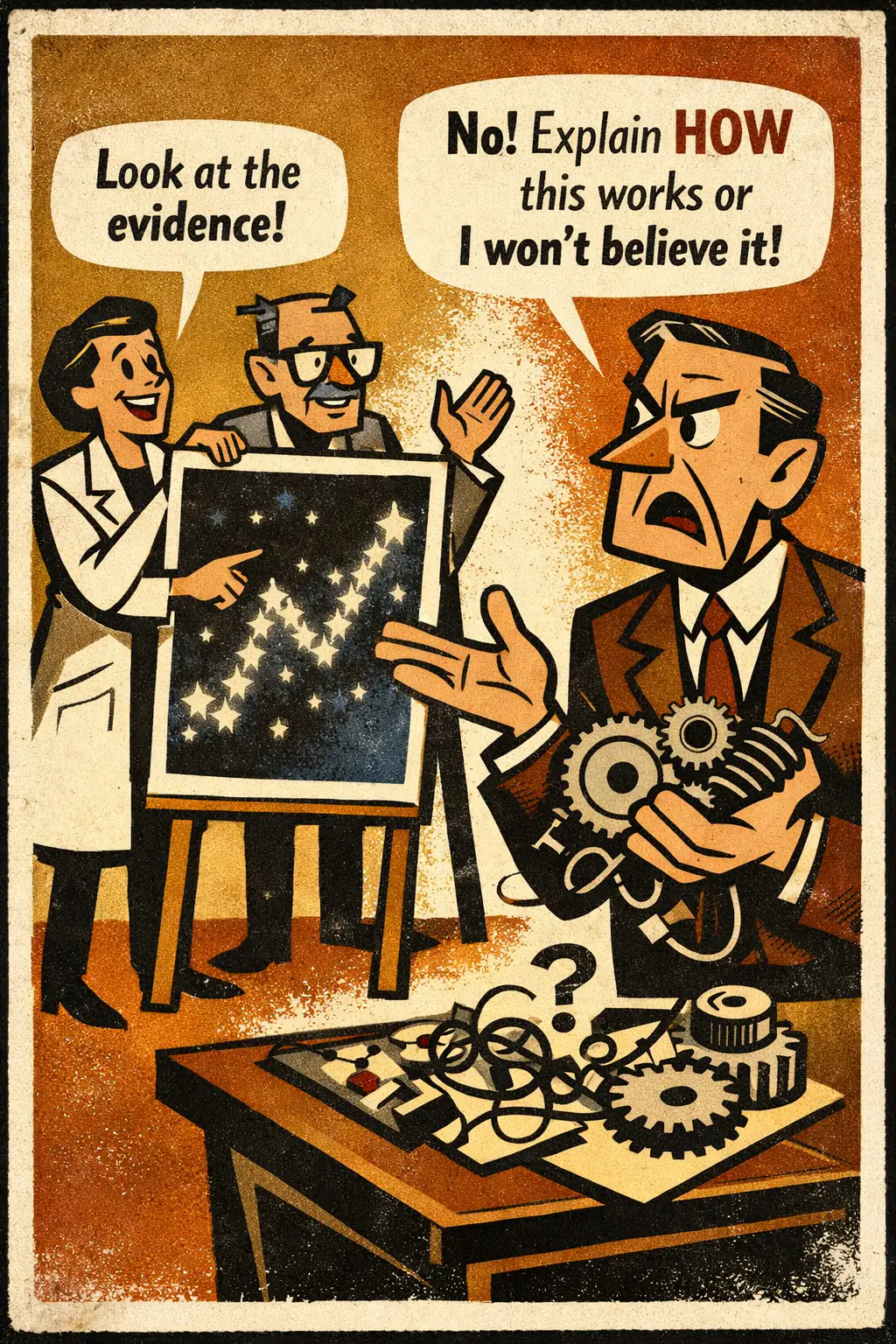 Demanding a mechanism companion poster in a retro mid-century editorial cartoon style, illustrating occurs when strong evidence for a phenomenon is rejected solely because the underlying mechanism is still incomplete, disputed, or not yet fully understood.
