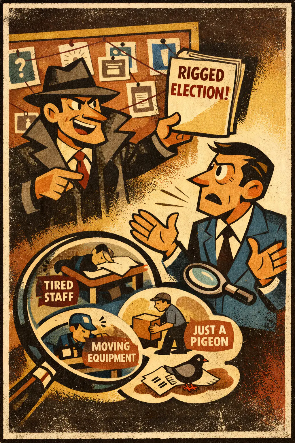 Demanding negative proof companion poster in a retro mid-century editorial cartoon style, illustrating occurs when someone tries to protect a claim by insisting that critics must prove the claim false instead of the claimant first supplying adequate support.