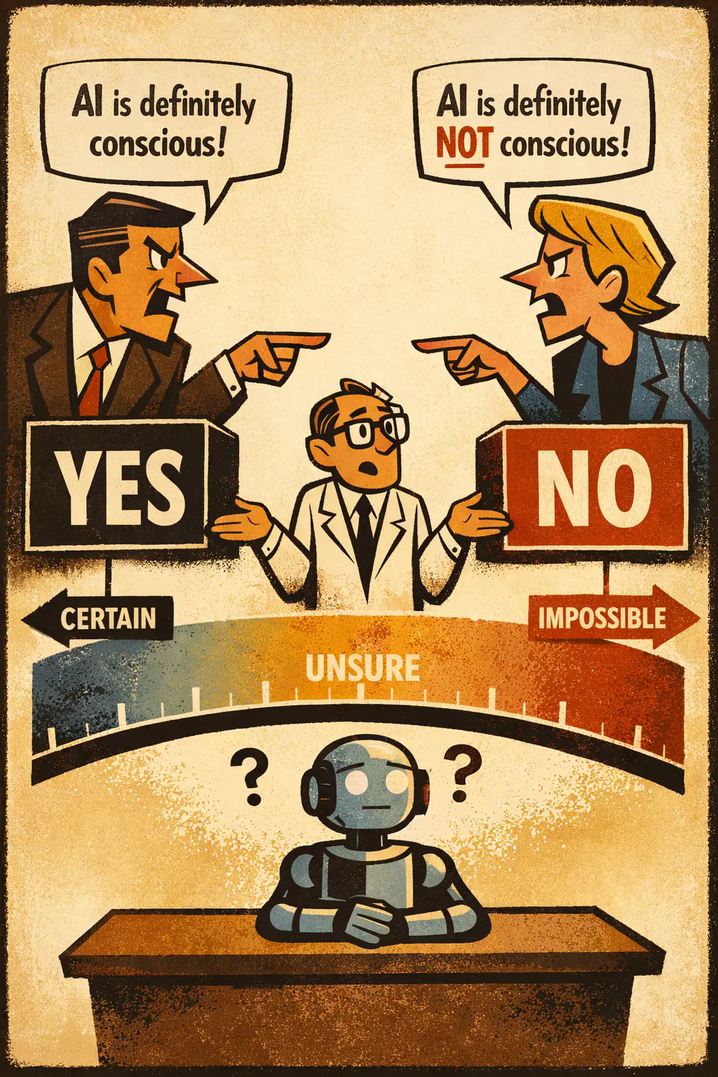 Denial of the epistemic gradient companion poster in a retro mid-century editorial cartoon style, illustrating occurs when belief is forced into crude either-or boxes even though the evidence supports a range of confidence levels rather than a single sharp threshold.