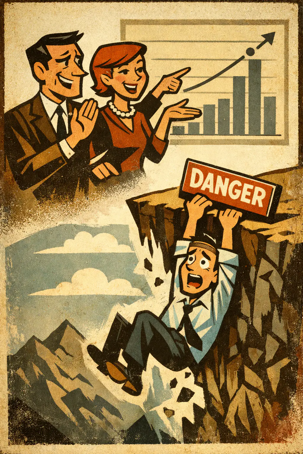 Denying a remote hypothetical companion poster in a retro mid-century editorial cartoon style, illustrating occurs when a hypothetical test case is dismissed as irrelevant merely because it is rare, extreme, or unlikely, even though the principle under debate is supposed to be universal.