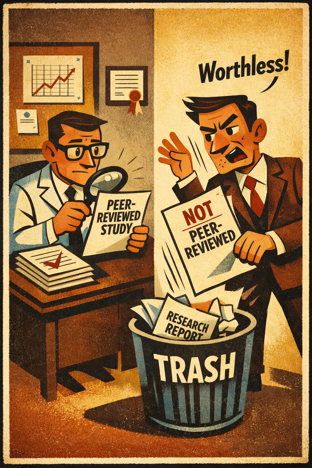 Denying the antecedent companion poster in a retro mid-century editorial cartoon style, illustrating occurs when someone reasons from 'if a, then b' and then wrongly infers 'not b' merely because a is absent.