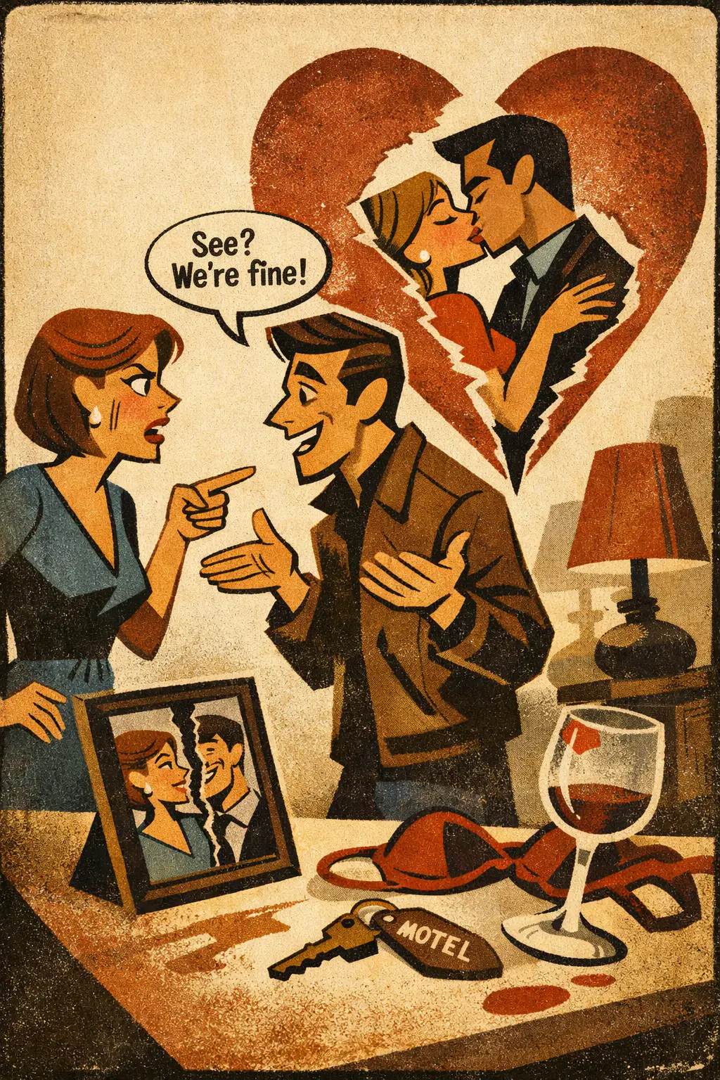 Denying the correlative companion poster in a retro mid-century editorial cartoon style, illustrating occurs when one side of a genuine contrast is denied or redefined so the opposing term has no place to apply.